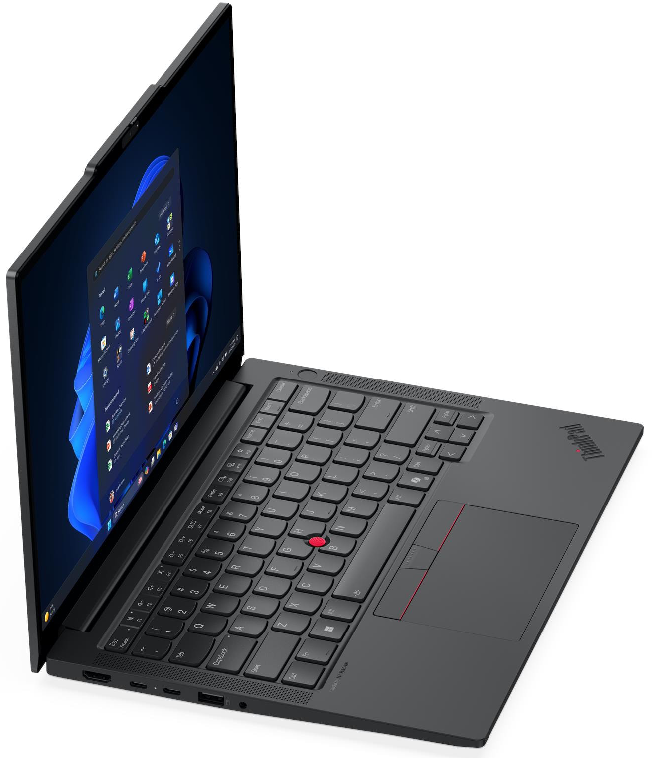 Egy fekete Lenovo ThinkPad laptop fehér háttér előtt, nyitott képernyővel, amelyen a Windows felülete látható.