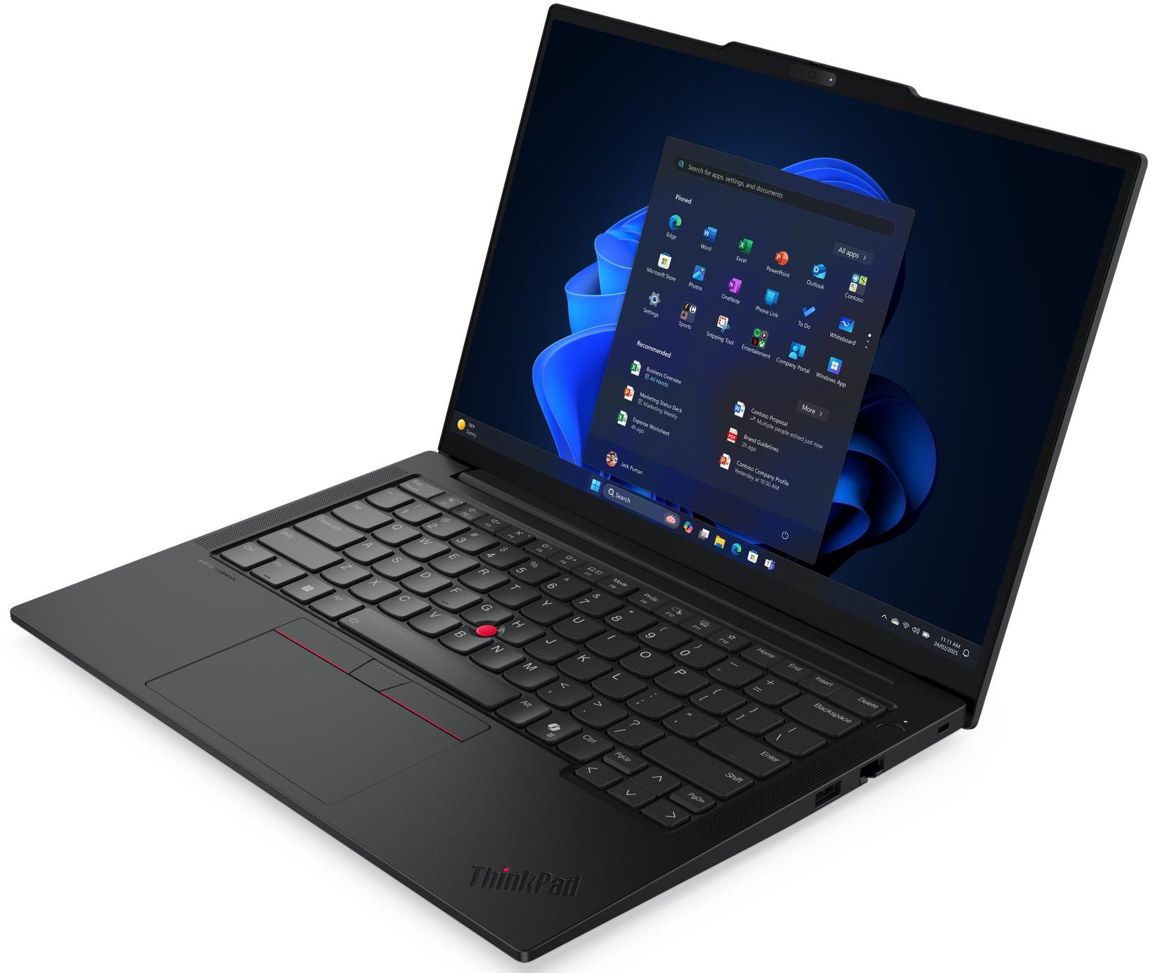 Fekete ThinkPad laptop Windows 11 operációs rendszerrel, kék hullám háttérképkkel és piros TrackPointtal.