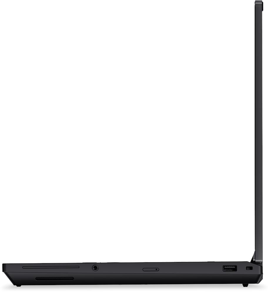Egy zárt fekete laptop bal oldali profilja portokkal és szellőzőkkel fehér háttér előtt.