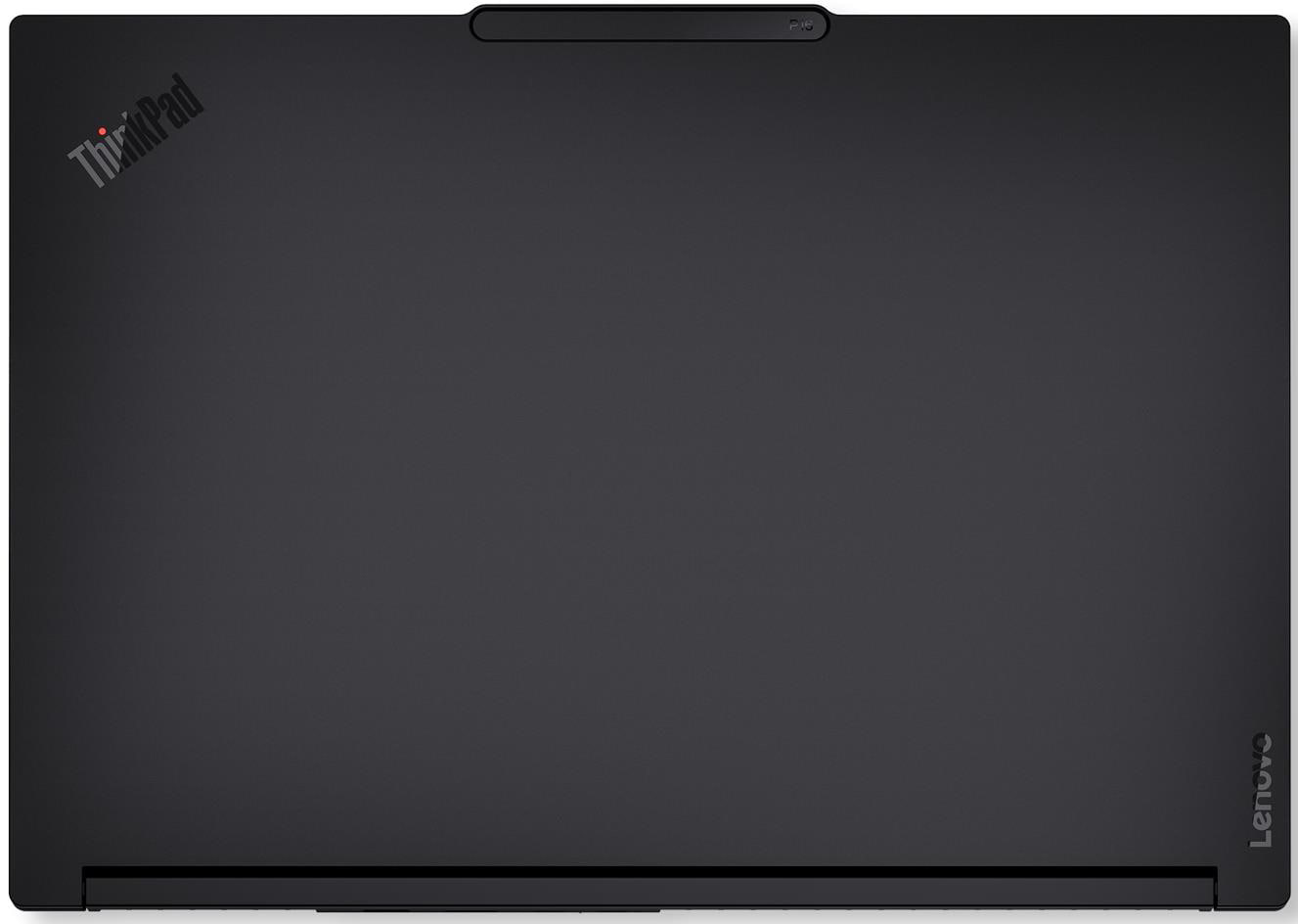 Zárt fekete Lenovo ThinkPad laptop felülről nézve, logókkal.