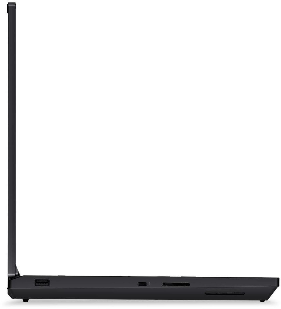 Egy vékony, fekete laptop bal oldala fehér háttérrel, csatlakozókkal.