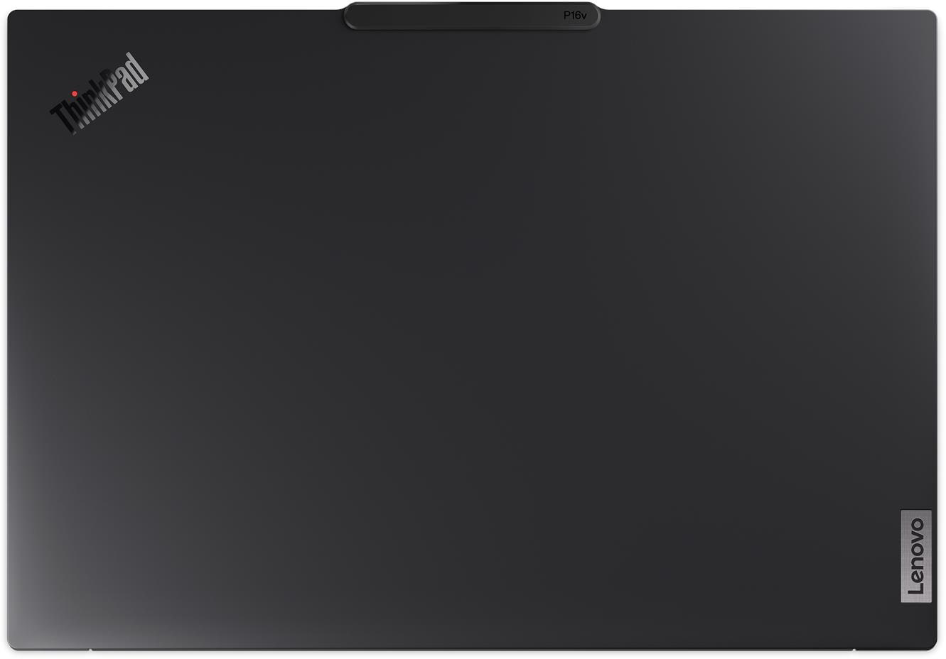 Fekete, zárt ThinkPad P16v laptop fedél Lenovo logóval.