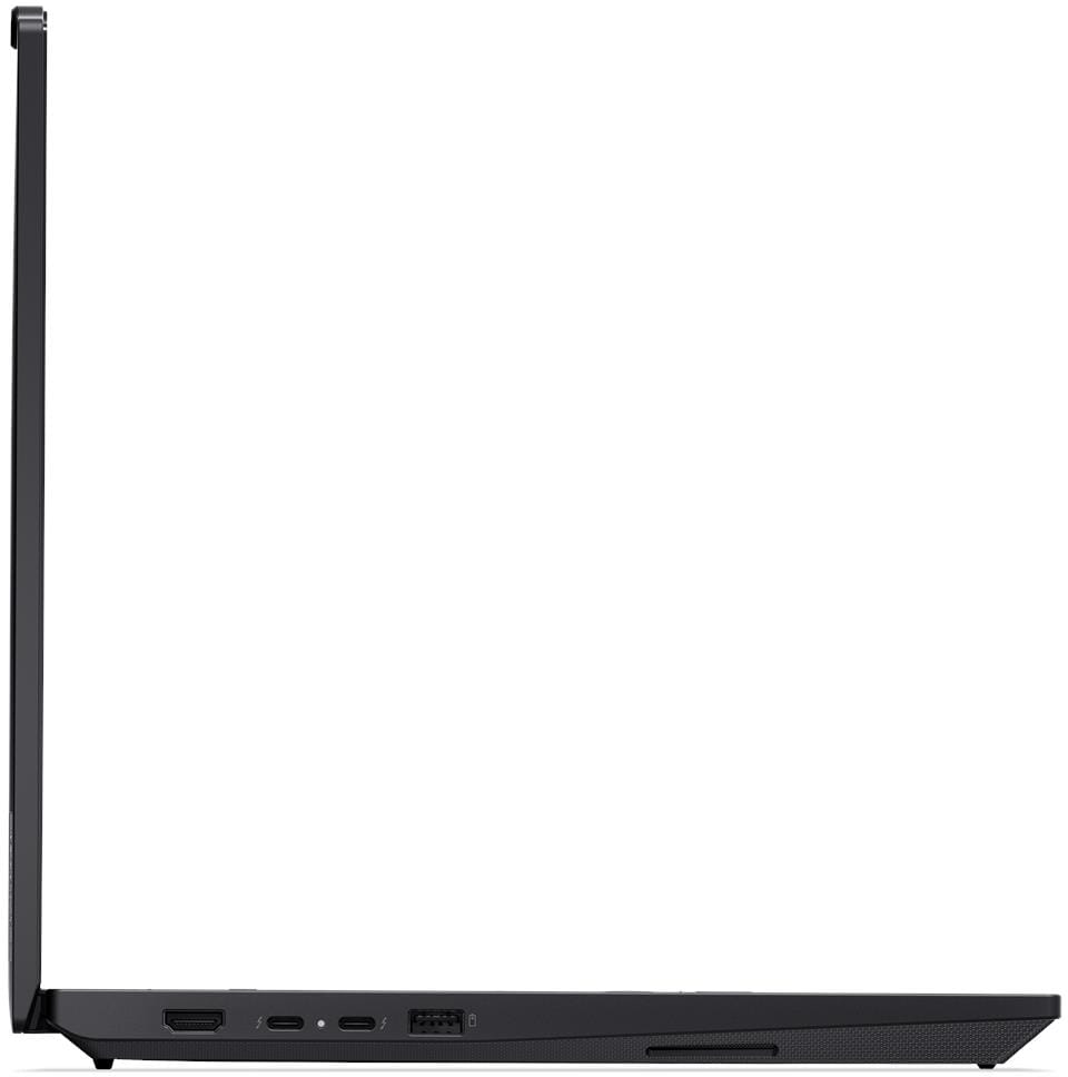 Oldalsó nézet egy zárt fekete laptopról, amelyen láthatók a portok, beleértve a HDMI-t, USB-C-t és USB-t.