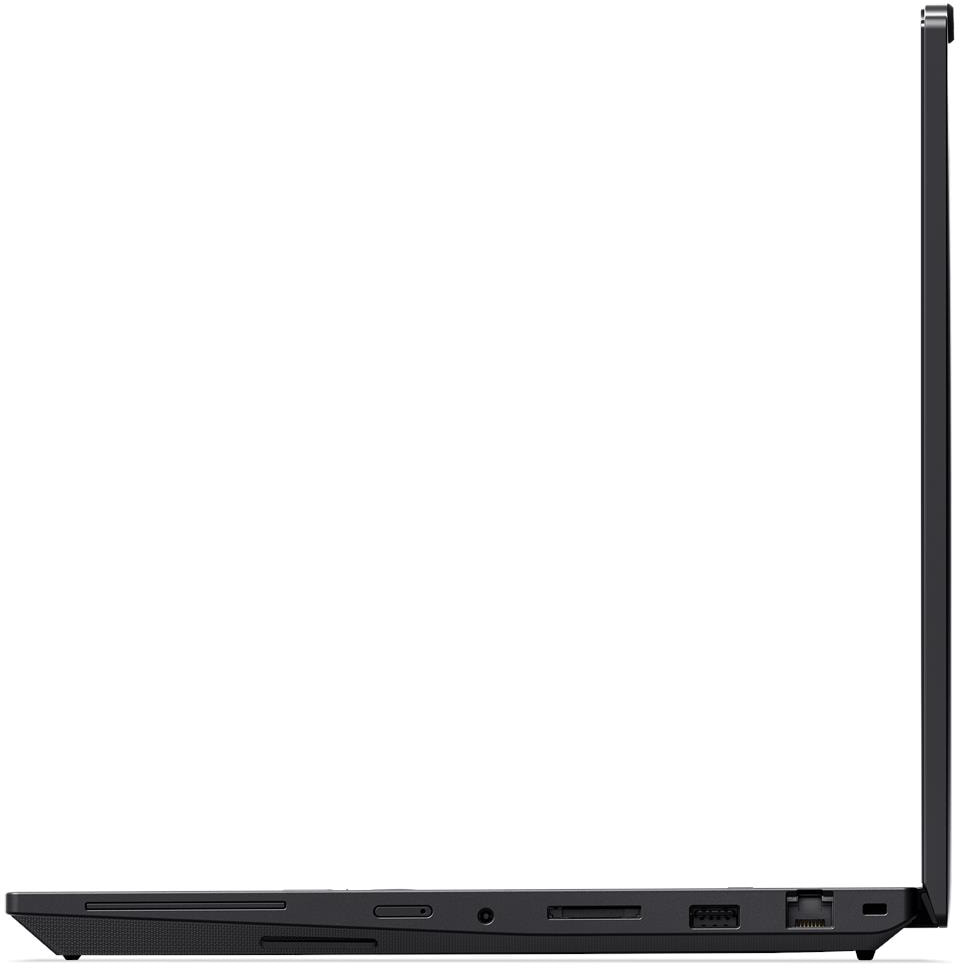 Egy fekete laptop oldalnézete különböző portokkal és nyitott képernyővel sima fehér háttér előtt.