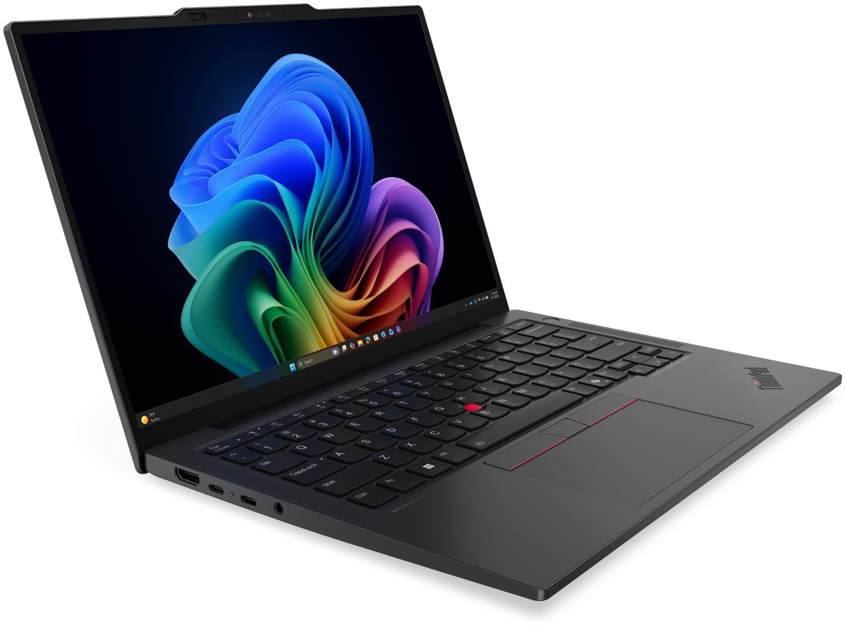 Egy fekete laptop bekapcsolt képernyővel, amelyen egy színes absztrakt hullám látható.