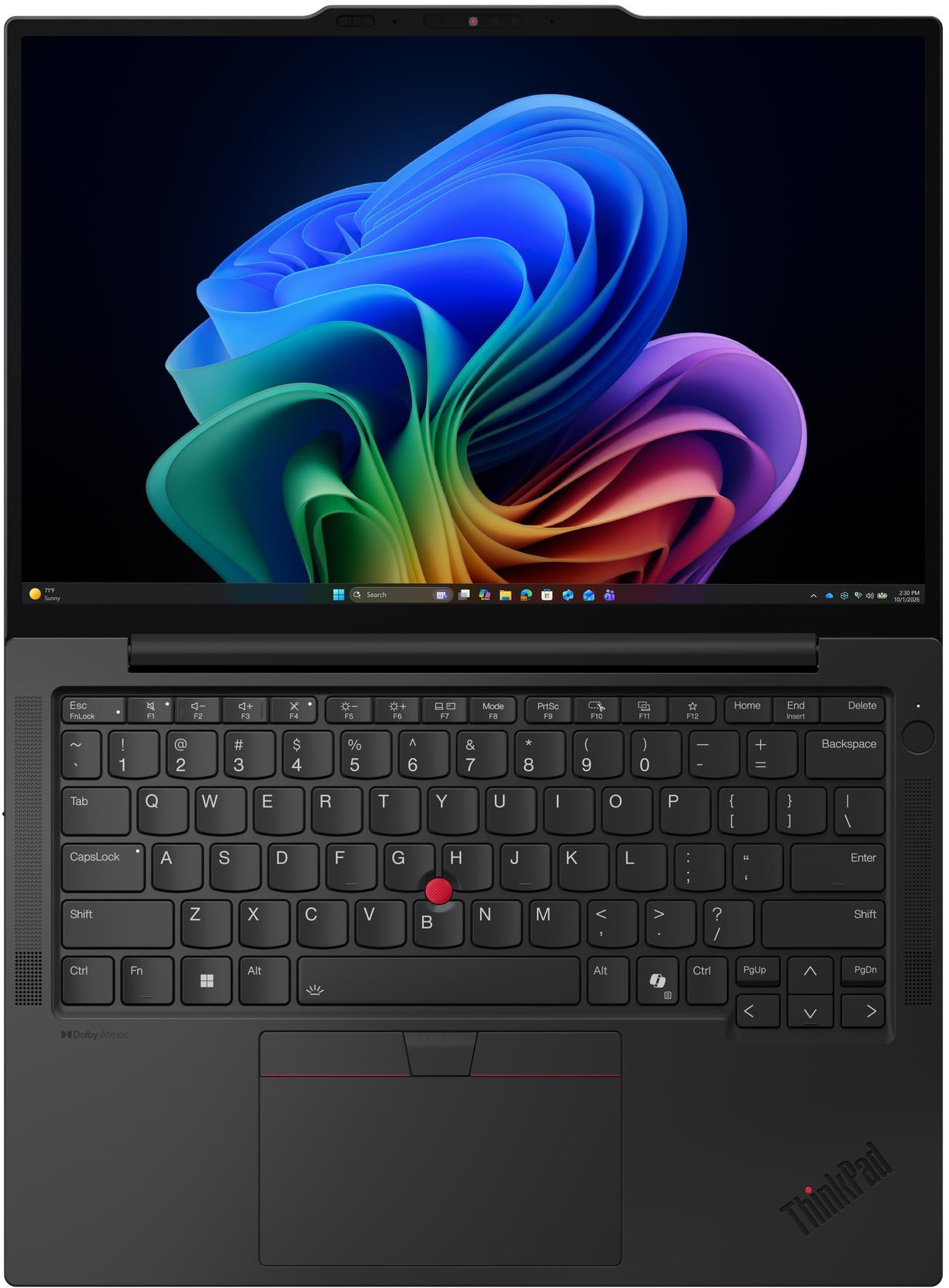 Fekete laptop bekapcsolt képernyővel, színes, kék, zöld és lila absztrakt hullámgrafikával.