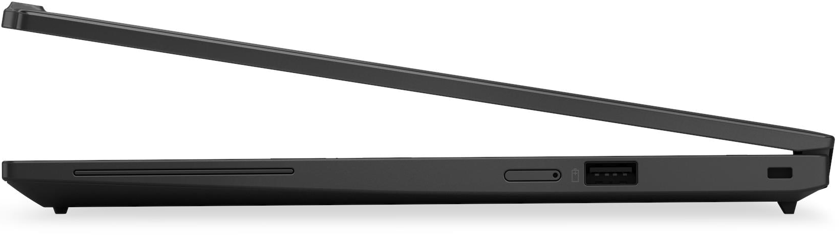 Oldalnézet egy zárt fekete laptopról, USB-porttal és bekapcsológombbal.