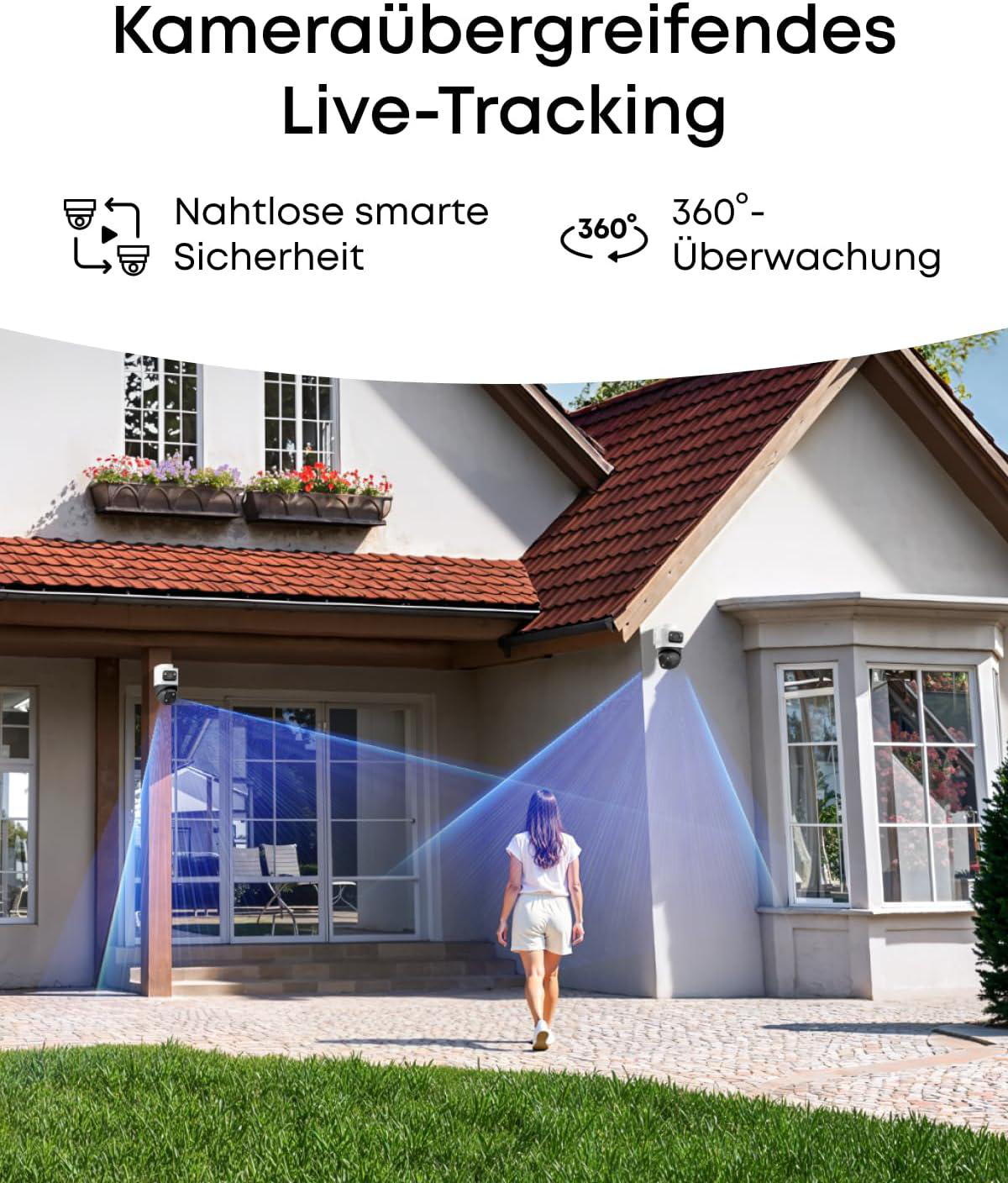 Überwachungskameras verfolgen eine Frau mit blauem Lichtkegel vor einem Haus.