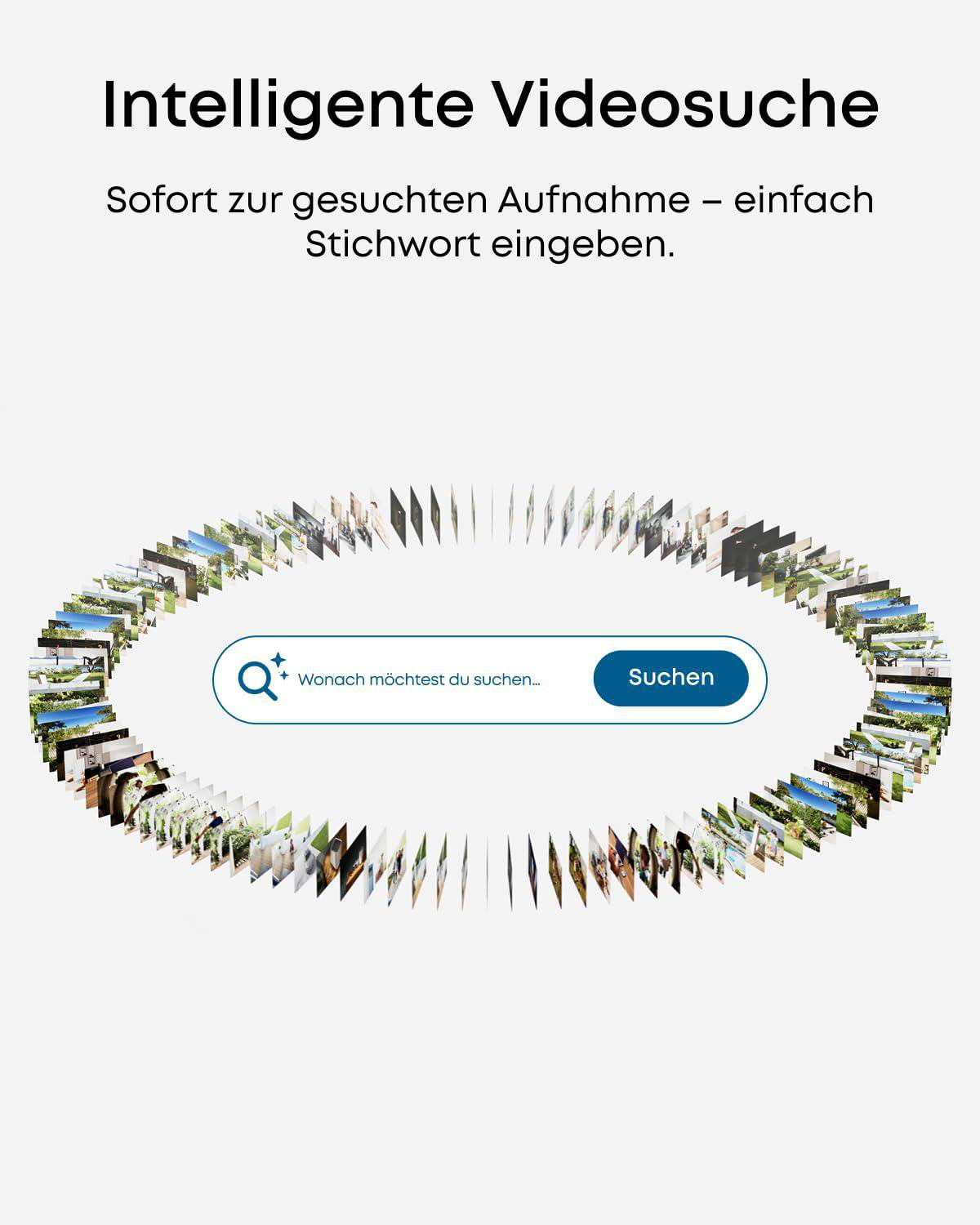 Intelligente Videosuche mit einer ovalen Anordnung von Videobildern und einer zentralen Suchleiste.