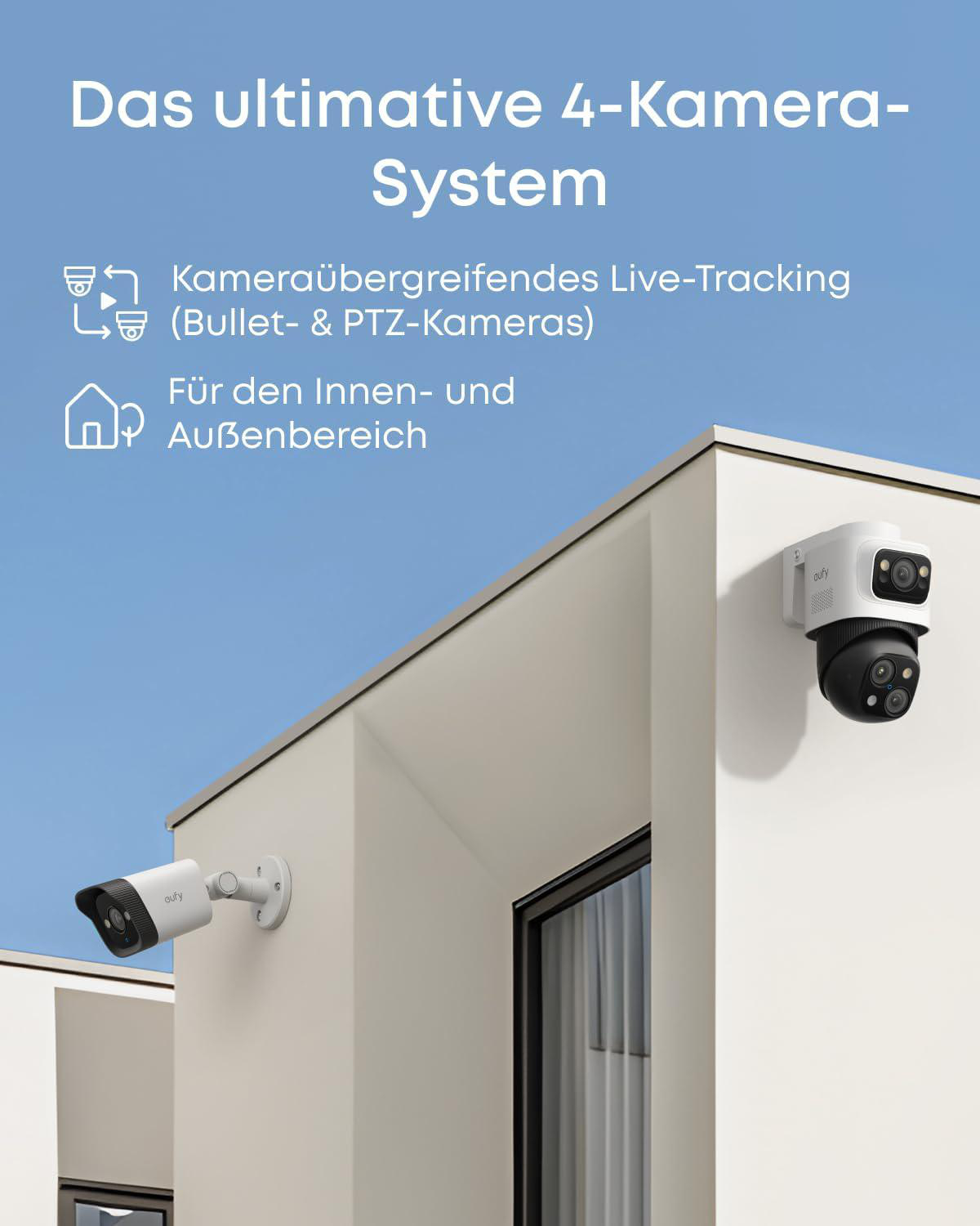 Eine Werbung für ein Überwachungskamerasystem mit zwei Kameras an einem weißen Gebäude unter blauem Himmel und deutschem Text.