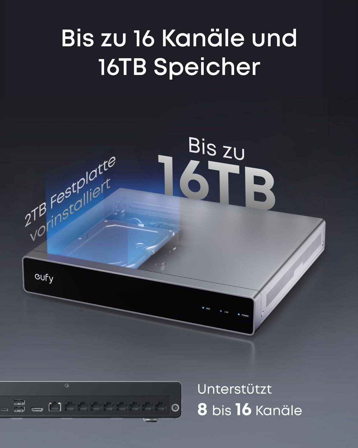 Eufy Basisstation mit bis zu 16 Kanälen und 16 TB Speicher, inklusive 2 TB Festplatte und Anschlüssen.