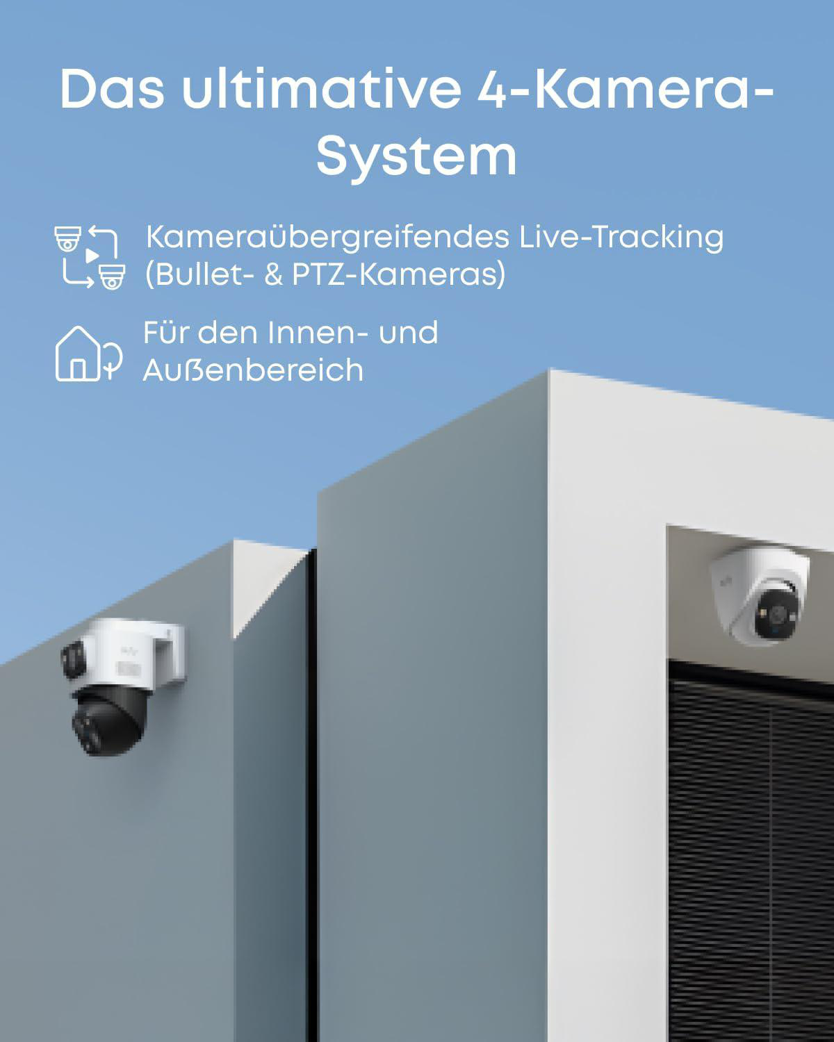 Werbung für ein 4-Kamera-Sicherheitssystem mit Live-Tracking, mit zwei Kameras an modernen Gebäude-Wänden.