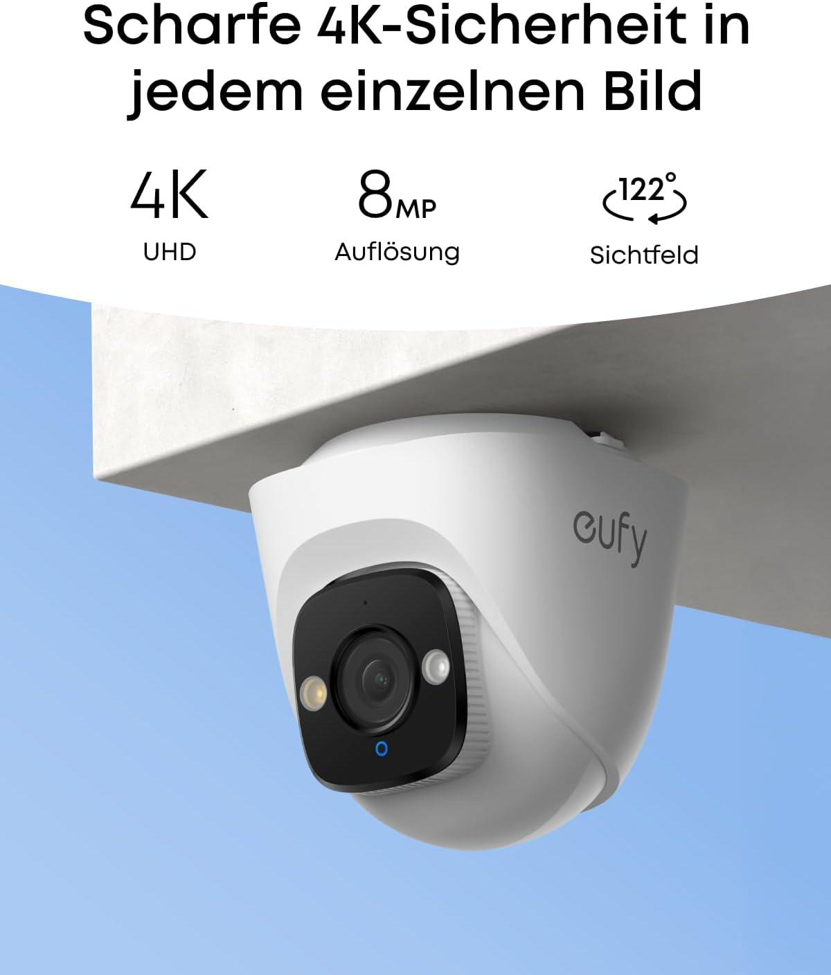 Weiße Eufy-Sicherheitskamera mit 4K-UHD-Auflösung und 122-Grad-Sichtfeld unter einer Decke.