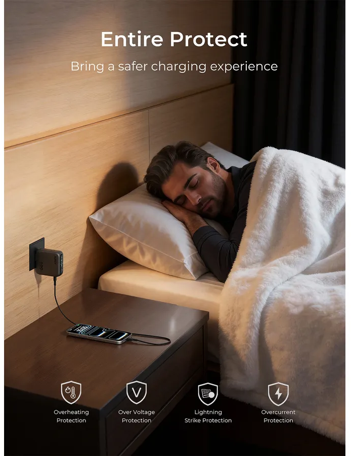Ein Mann schläft im Bett, während sein Handy auf dem Nachttisch lädt. Vier Schutzsymbole sind unten eingeblendet.