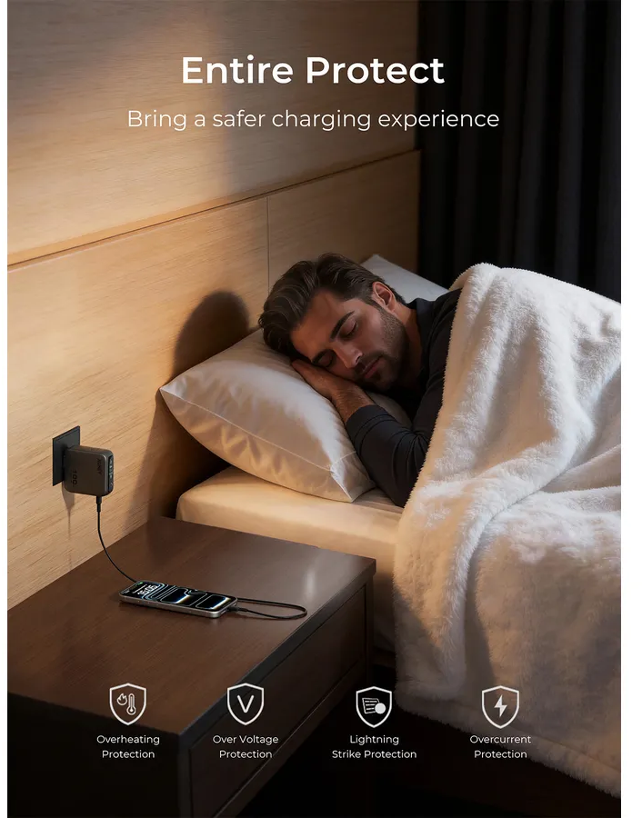 Ein Mann schläft im Bett, während ein Telefon auf dem Nachttisch lädt, darunter Sicherheitssymbole.