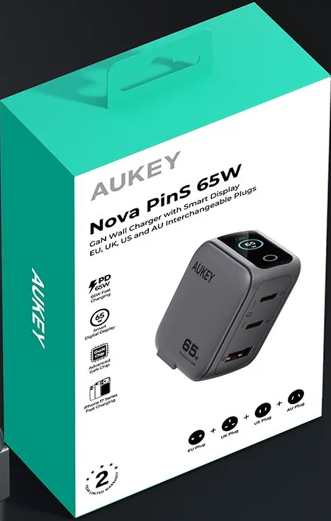 Aukey Nova Pins 65W GaN-Wandladegerät-Box mit intelligentem Display und austauschbaren Steckern.