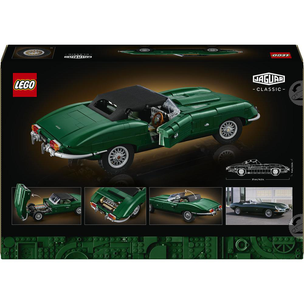 Eine LEGO Verpackung zeigt ein grünes Jaguar Klassiker-Auto mit offenen Türen und Detailbildern.
