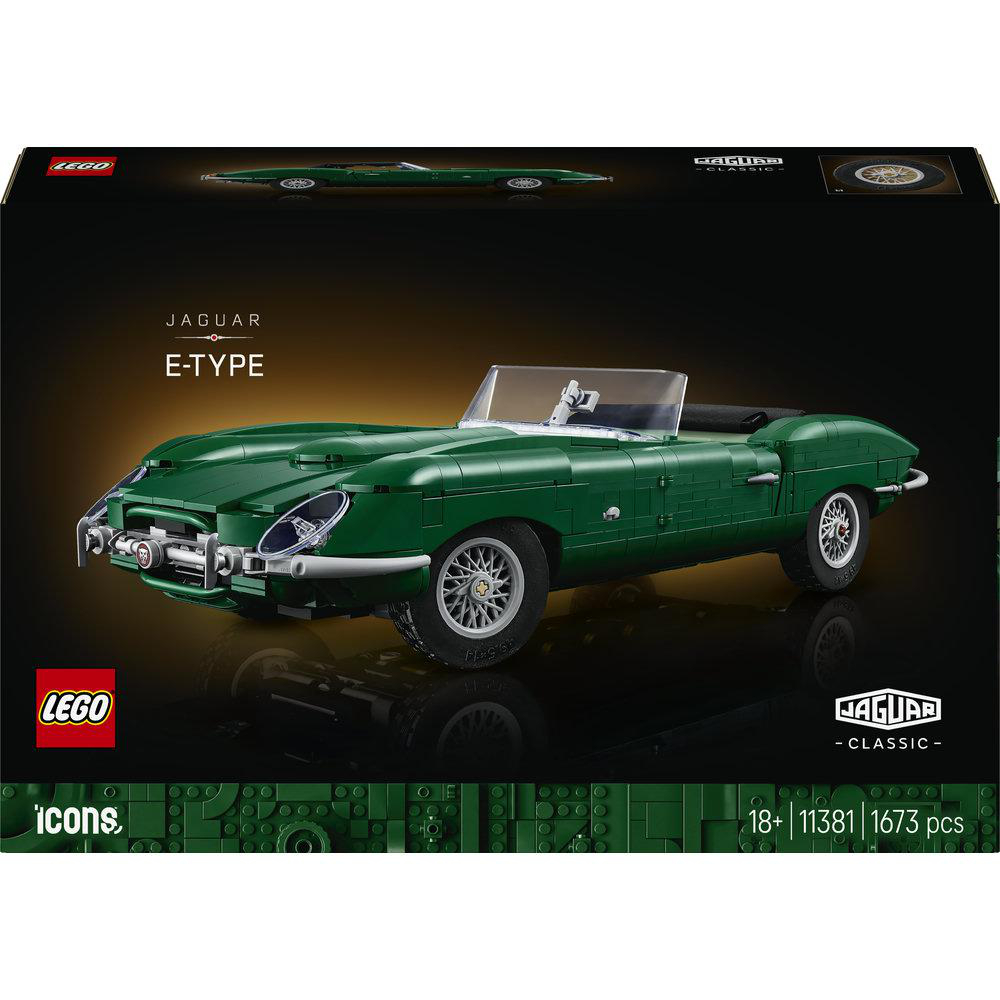 Lego Icons Jaguar E-Type Kasten zeigt ein detailreiches grünes klassisches Cabriolet.