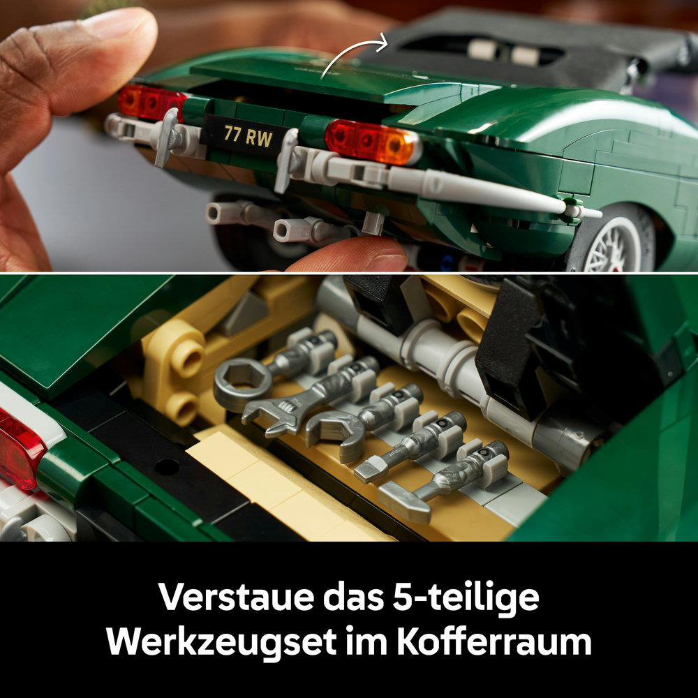 Ein Lego-Auto mit geöffnetem Kofferraum, das ein kleines Werkzeugset zeigt.