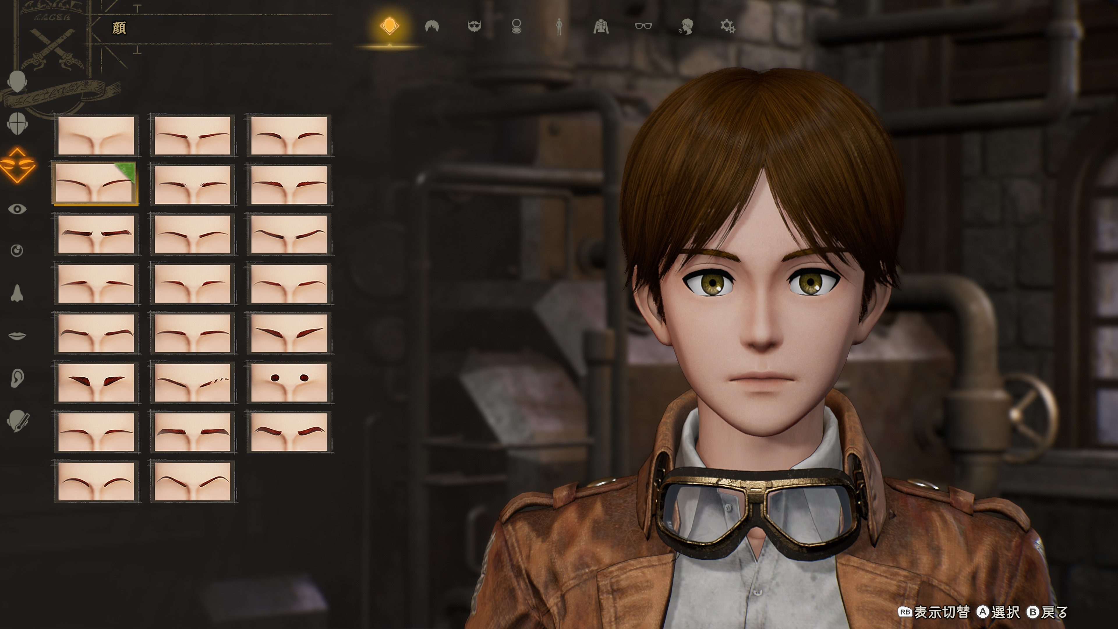 Charakteranpassungsbildschirm mit einem Anime-jungen mit braunem Haar und Goggles in einer Fabrik.