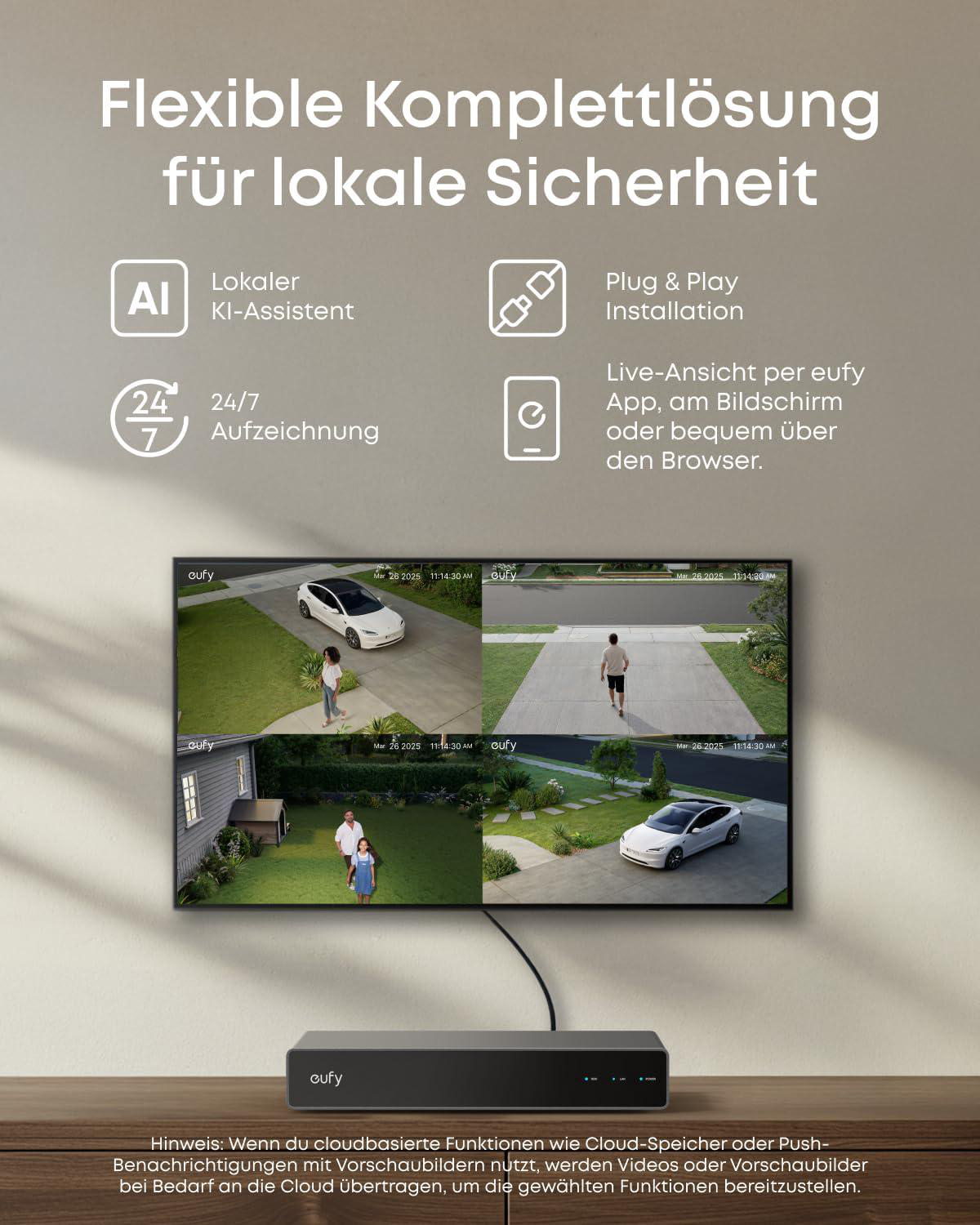Werbebild für Eufy Sicherheitssystem mit App-Ansicht, Live-Kamera und AI-Funktionen.
