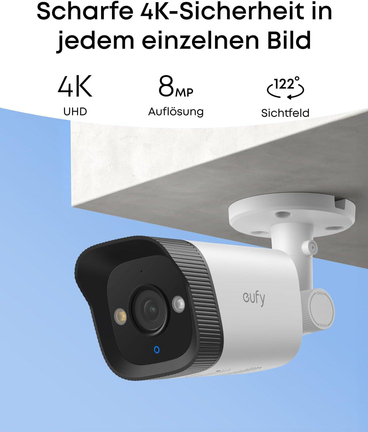 Eine weiße eufy Überwachungskamera unter einer Betondecke mit Text über 4K UHD und 122 Grad Sichtfeld.