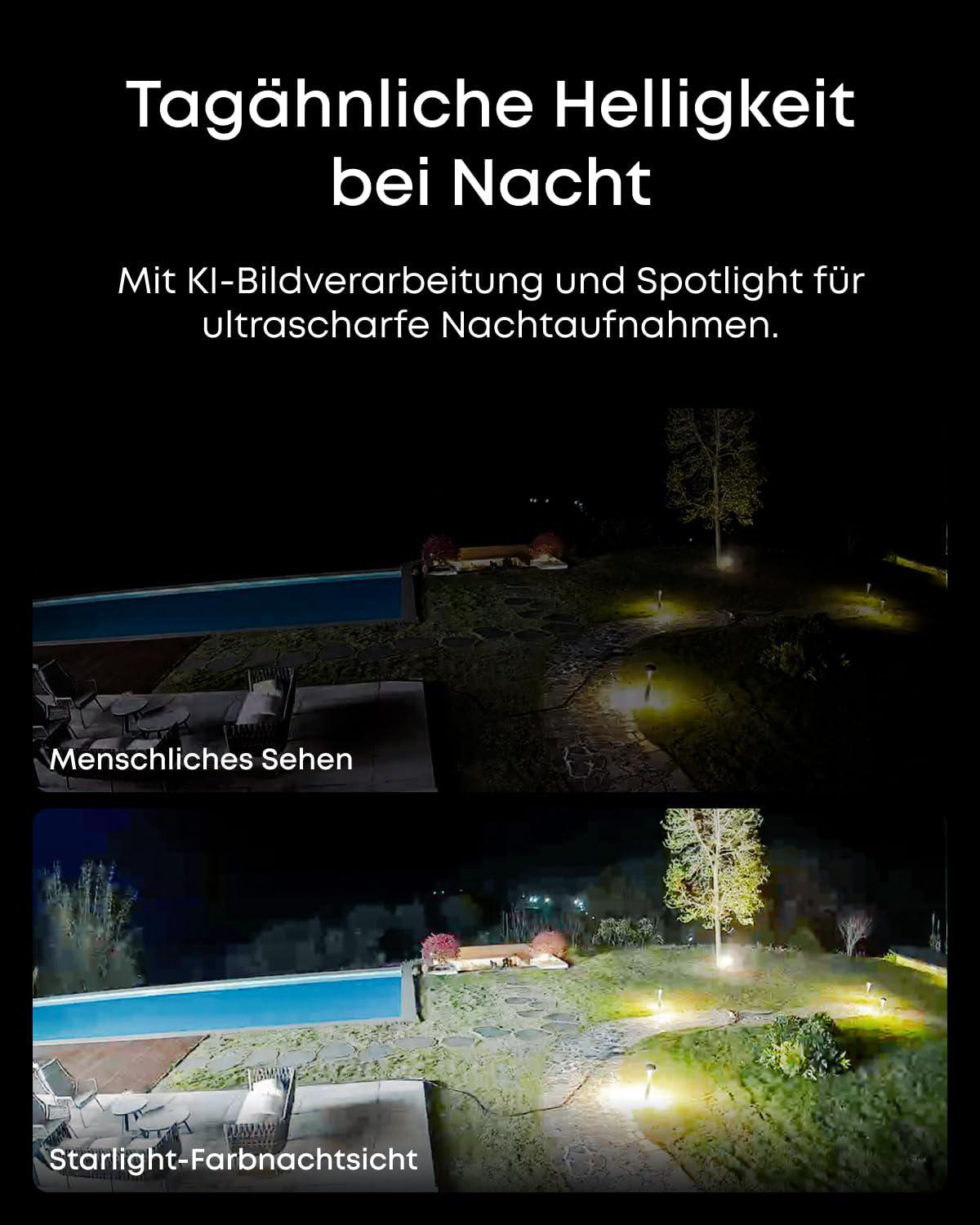 Vergleich zweier Nachtaufnahmen: dunkel und detailarm oben, hell und farbenfroh unten mit KI-Unterstützung.