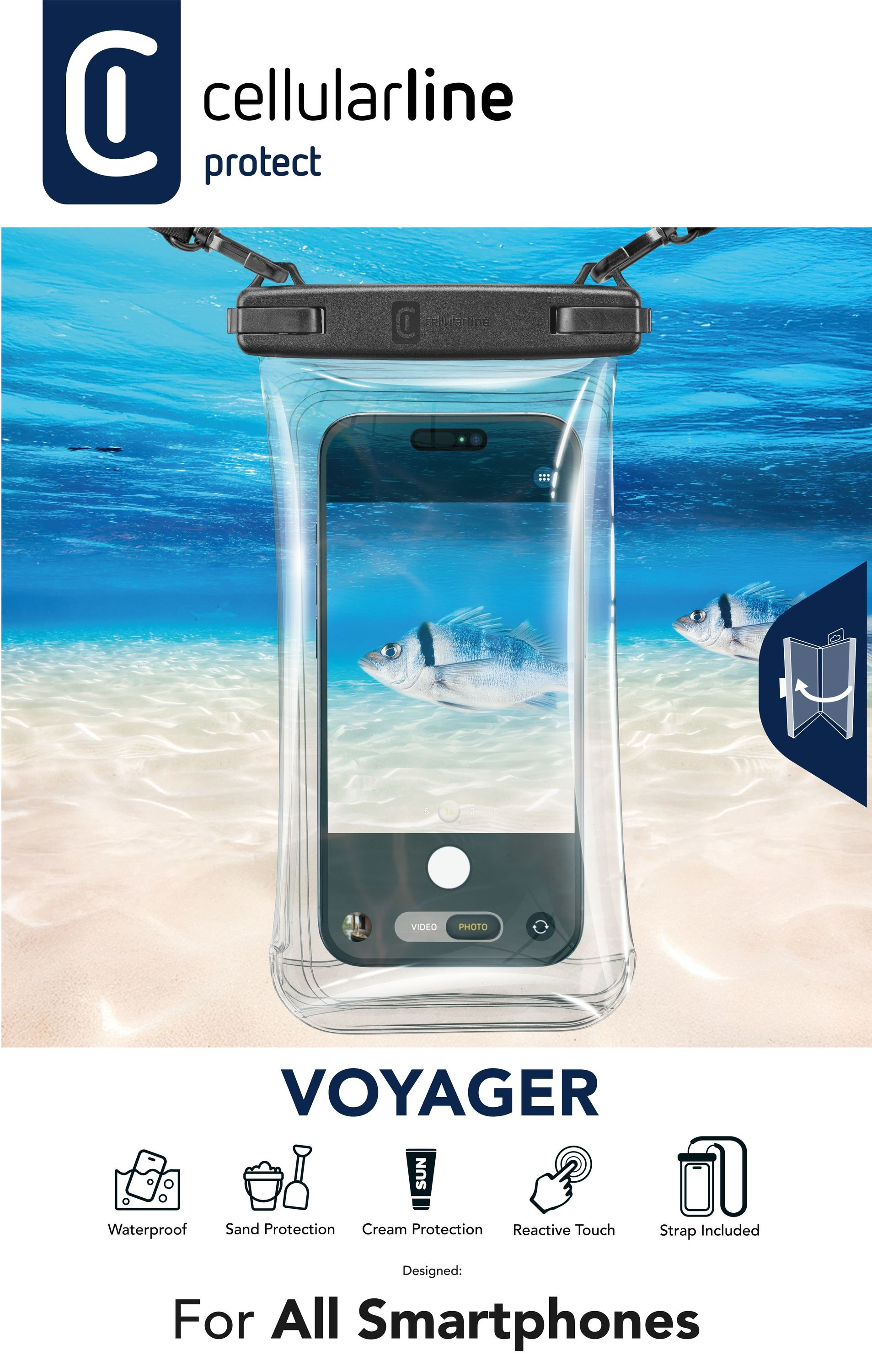 Étui de téléphone étanche Voyager de Cellularline avec smartphone, devant un paysage sous-marin.