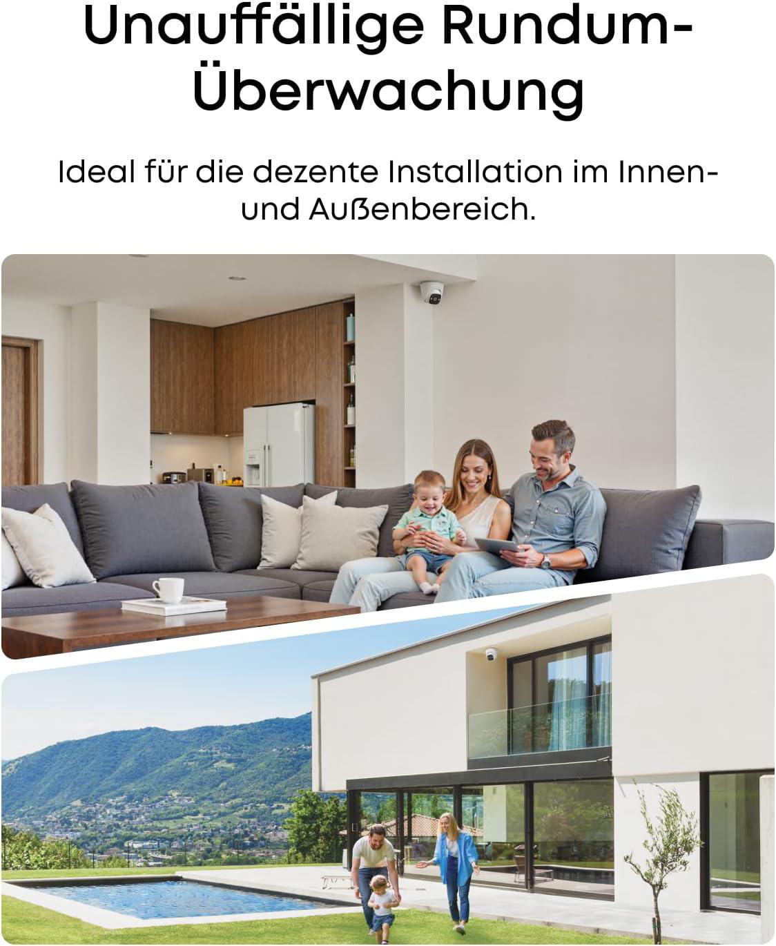 Überwachungskameras für innen und außen mit einer glücklichen Familie im Wohnzimmer und vor einem modernen Haus.