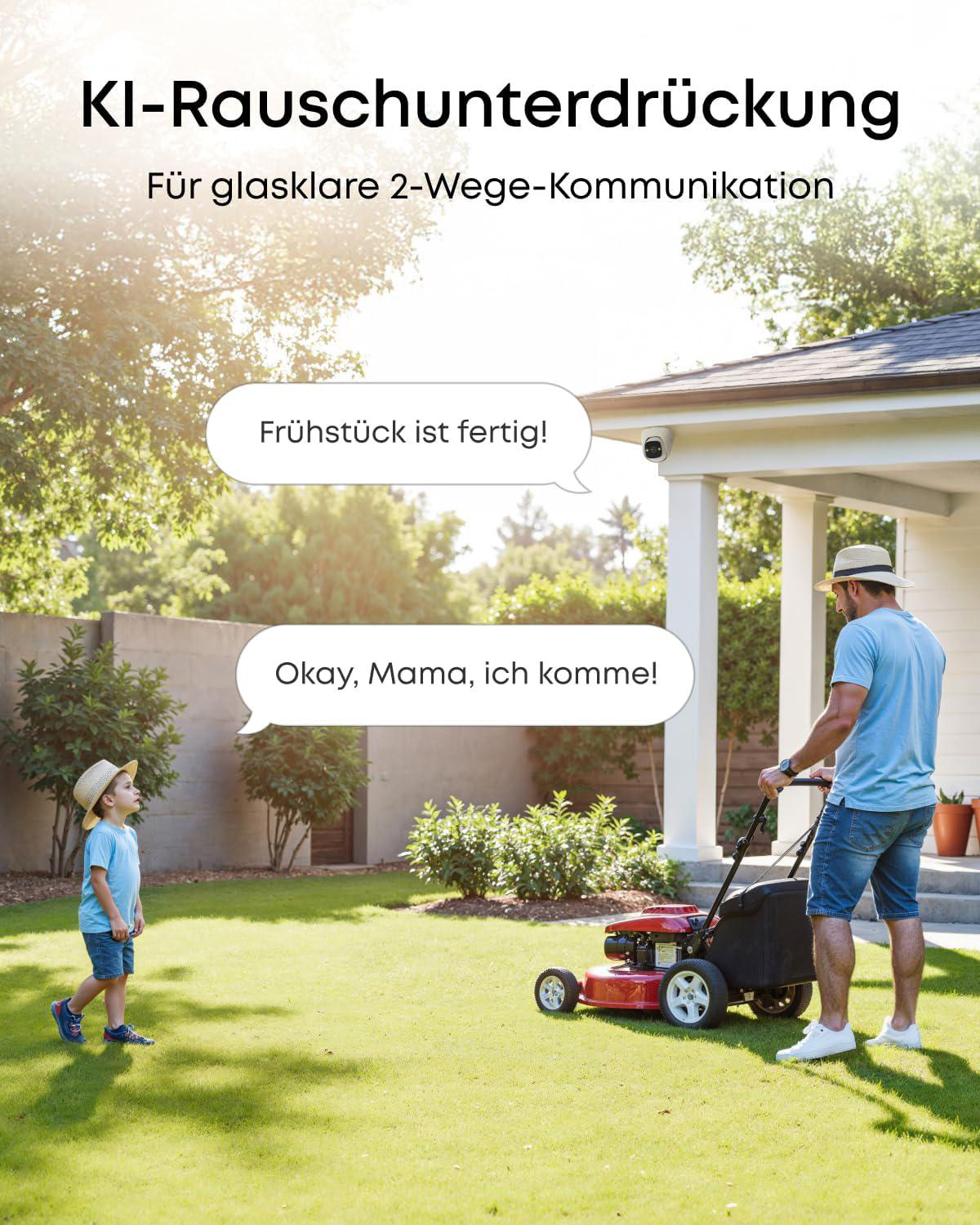 Ein Mann mäht Rasen, während ein Junge im Garten steht; deutsche Textblöcke zeigen eine Zwei-Wege-Kommunikation.