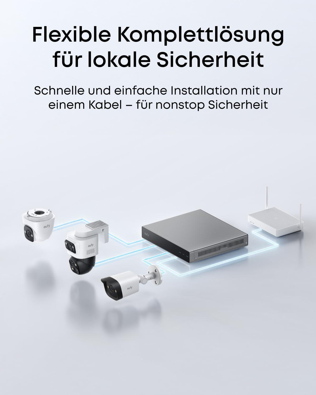 Sicherheitskameras und Hub verbunden mit blauen Linien auf hellem Grund.