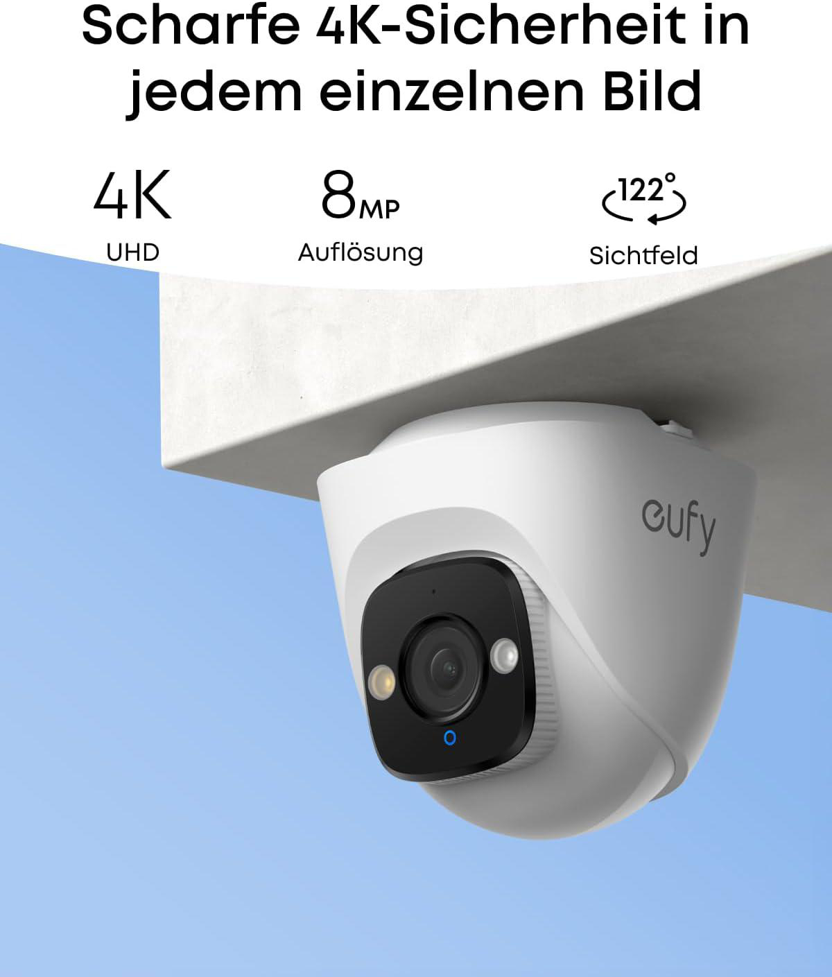 Wasserdichte weiße Eufy 4K Überwachungskamera mit 122 Grad Sichtfeld.