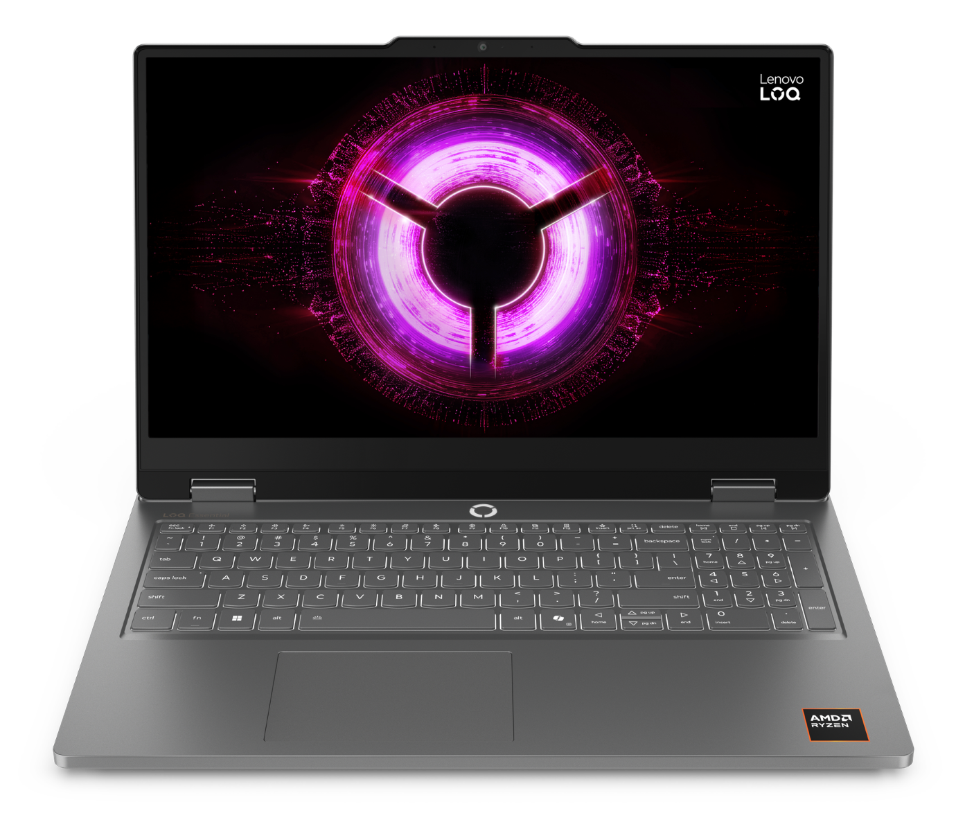 Laptop Lenovo LOQ z podświetlaną klawiaturą i fioletową abstrakcyjną tapetą na czarnym tle.