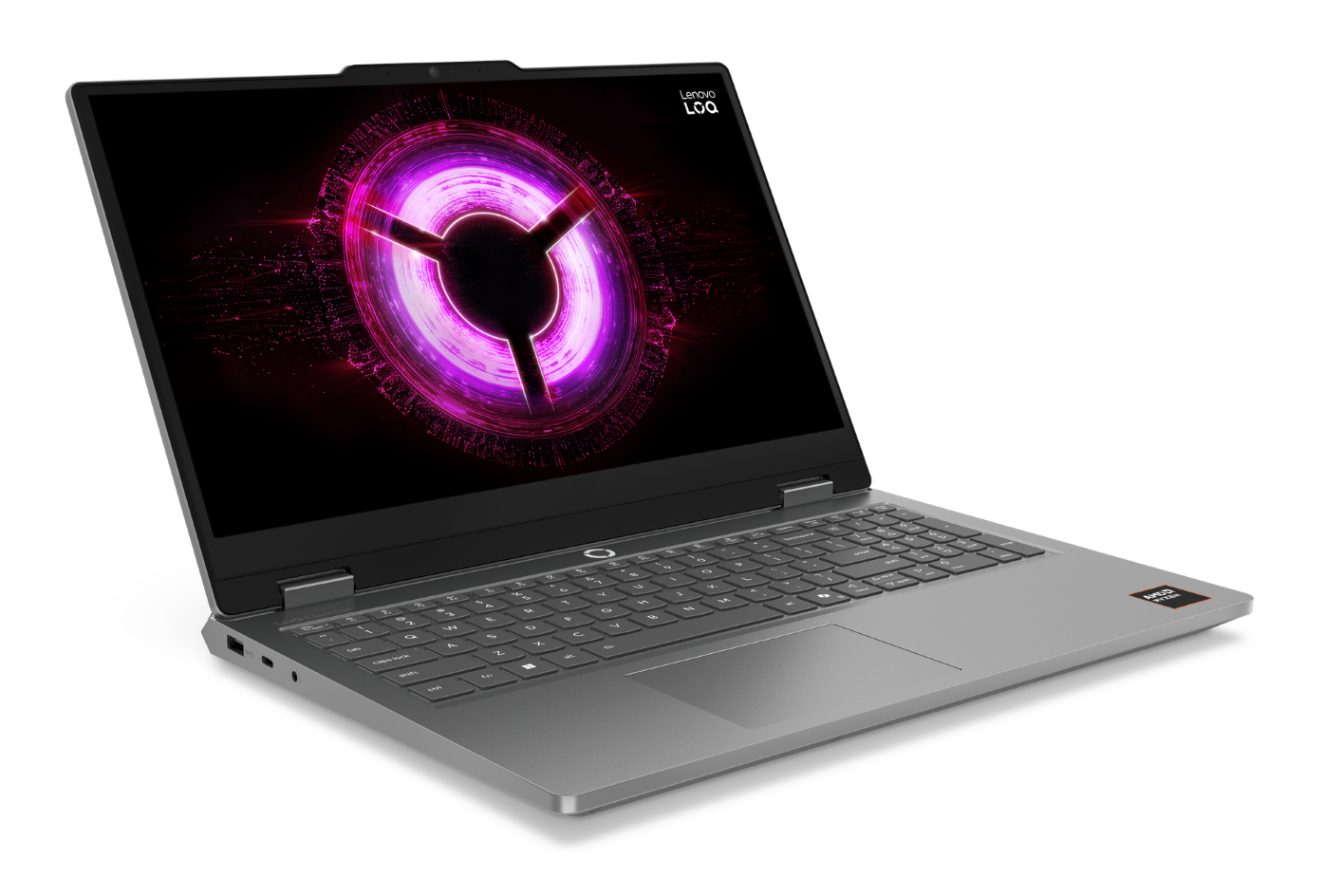 Srebrny laptop Lenovo LOQ na czarnym tle wyświetla neonowy fioletowy okrągły motyw na ekranie.