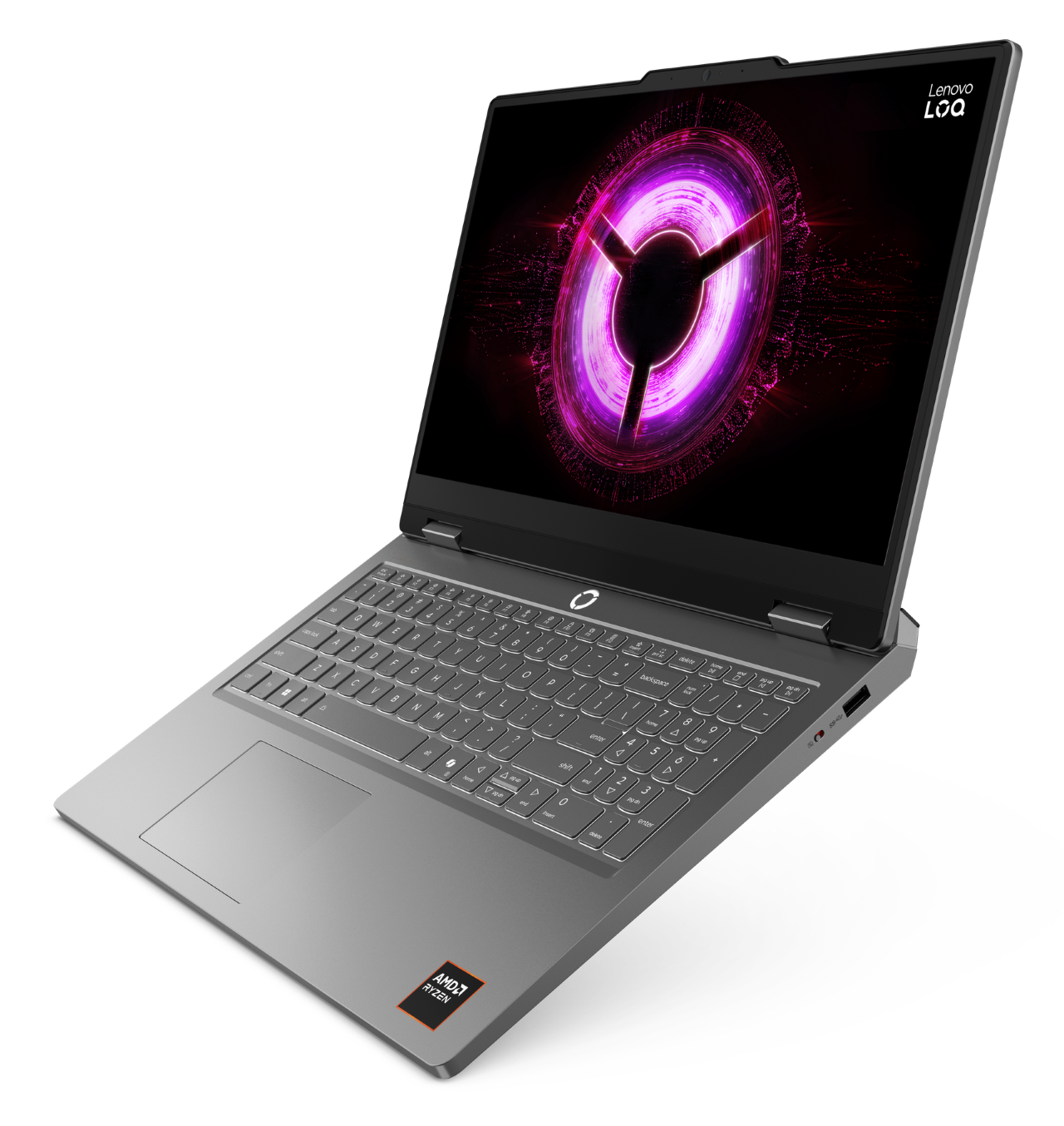 Szary laptop Lenovo LOQ na czarnym tle z świecącym fioletowym okręgiem na ekranie.