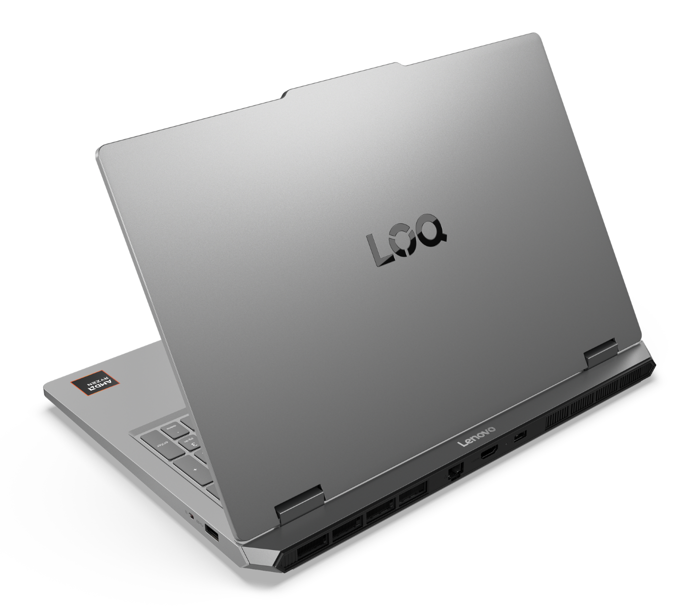 Srebrny laptop Lenovo LOQ w widoku z tyłu pod kątem na czarnym tle.