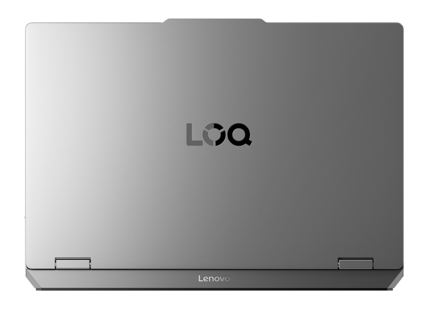 Srebrna pokrywa laptopa przedstawia logo LOQ na środku oraz napis Lenovo na dole na czarnym tle.