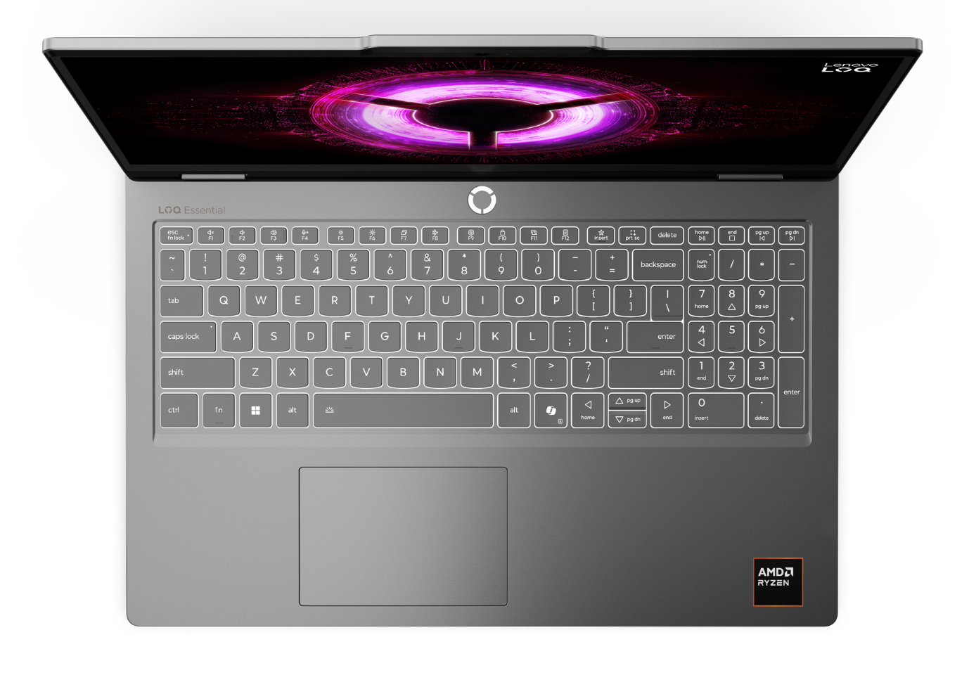 Widok z góry na szary laptop Lenovo z podświetlaną klawiaturą, touchpadem i ekranem z fioletową grafiką.