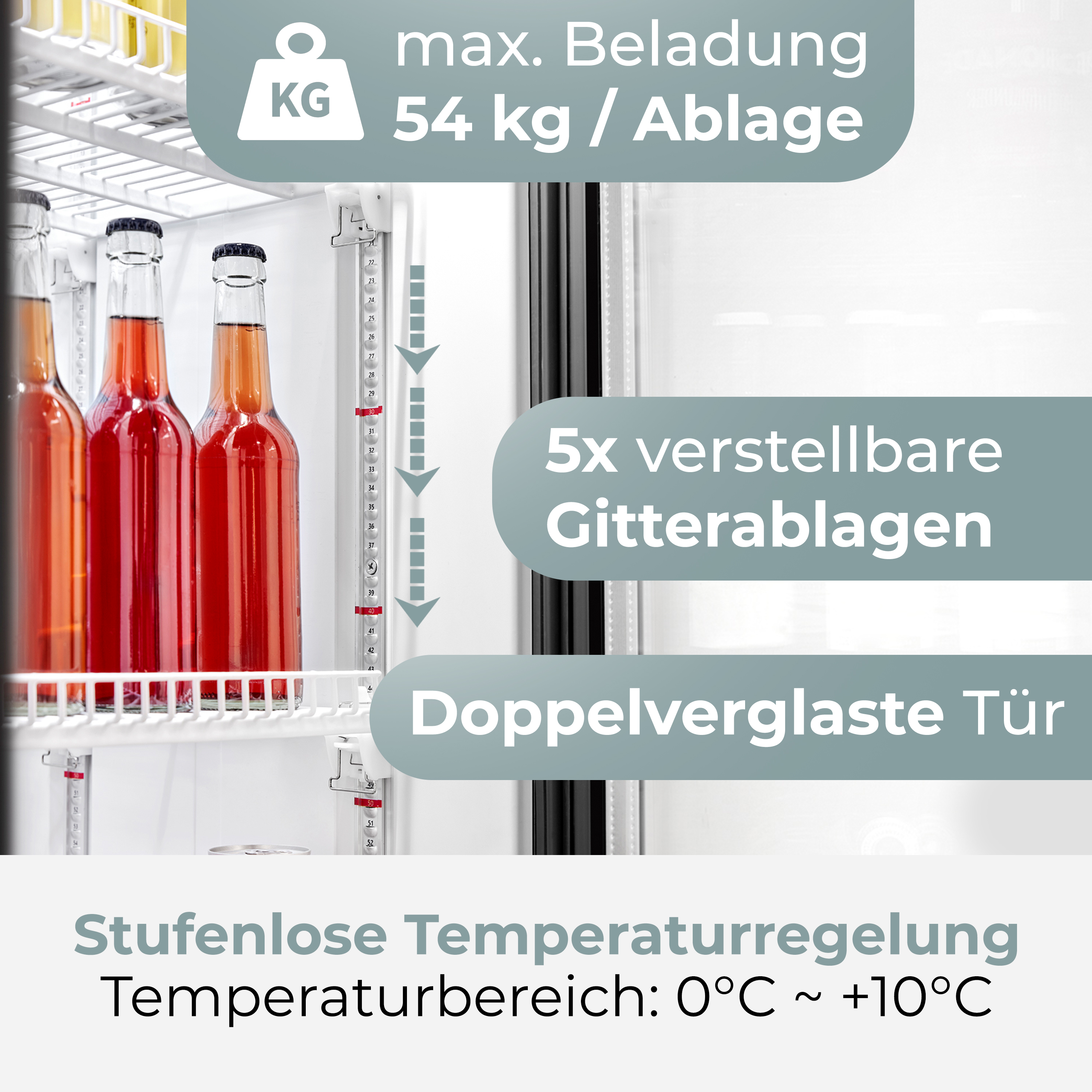 Getränkekühlschrank mit roten Flaschen, Doppelglastür und 5 verstellbaren Gitterablagen.