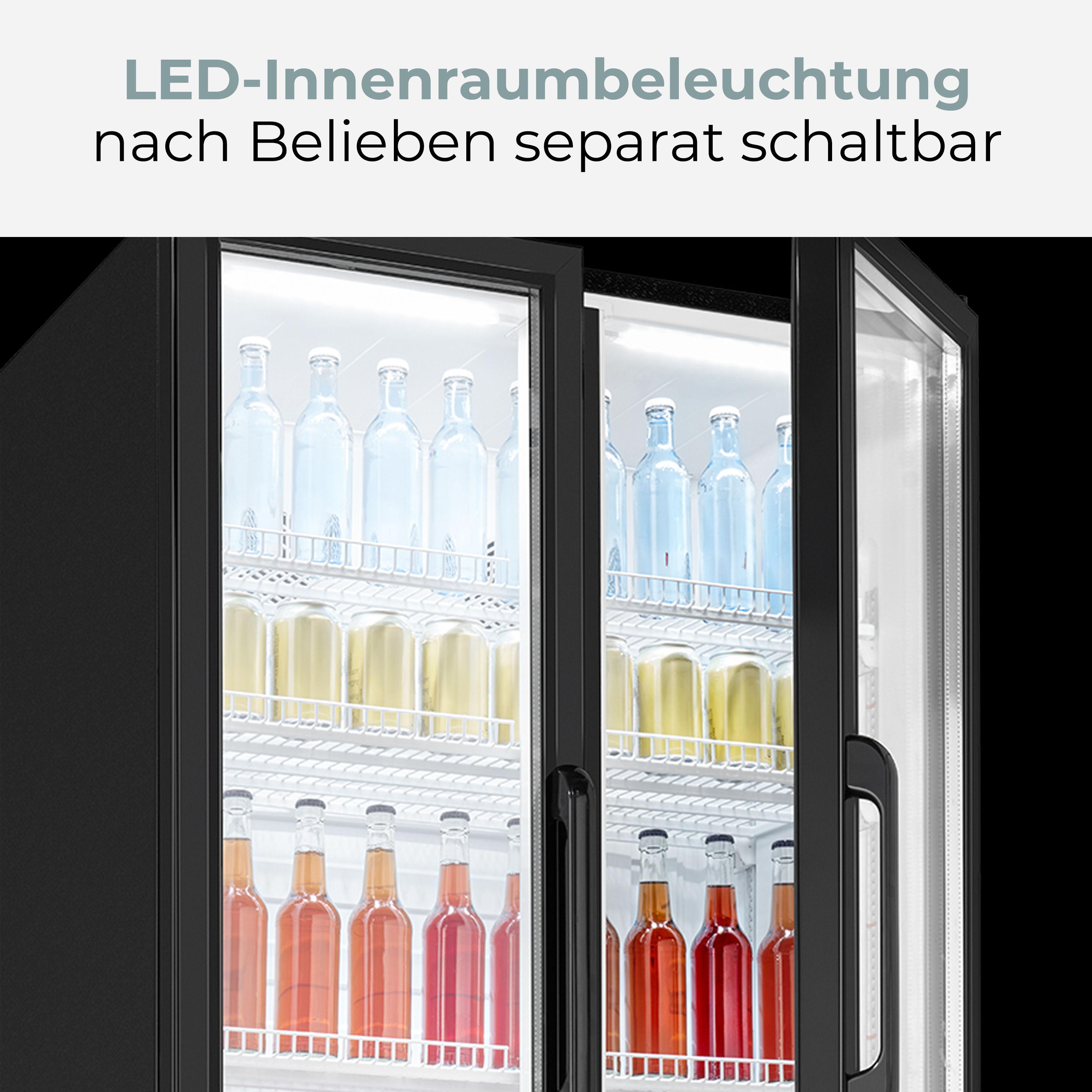 Schwarzer Getränkekühlschrank mit LED-Beleuchtung und Glasüren, gefüllt mit bunten Flaschen.