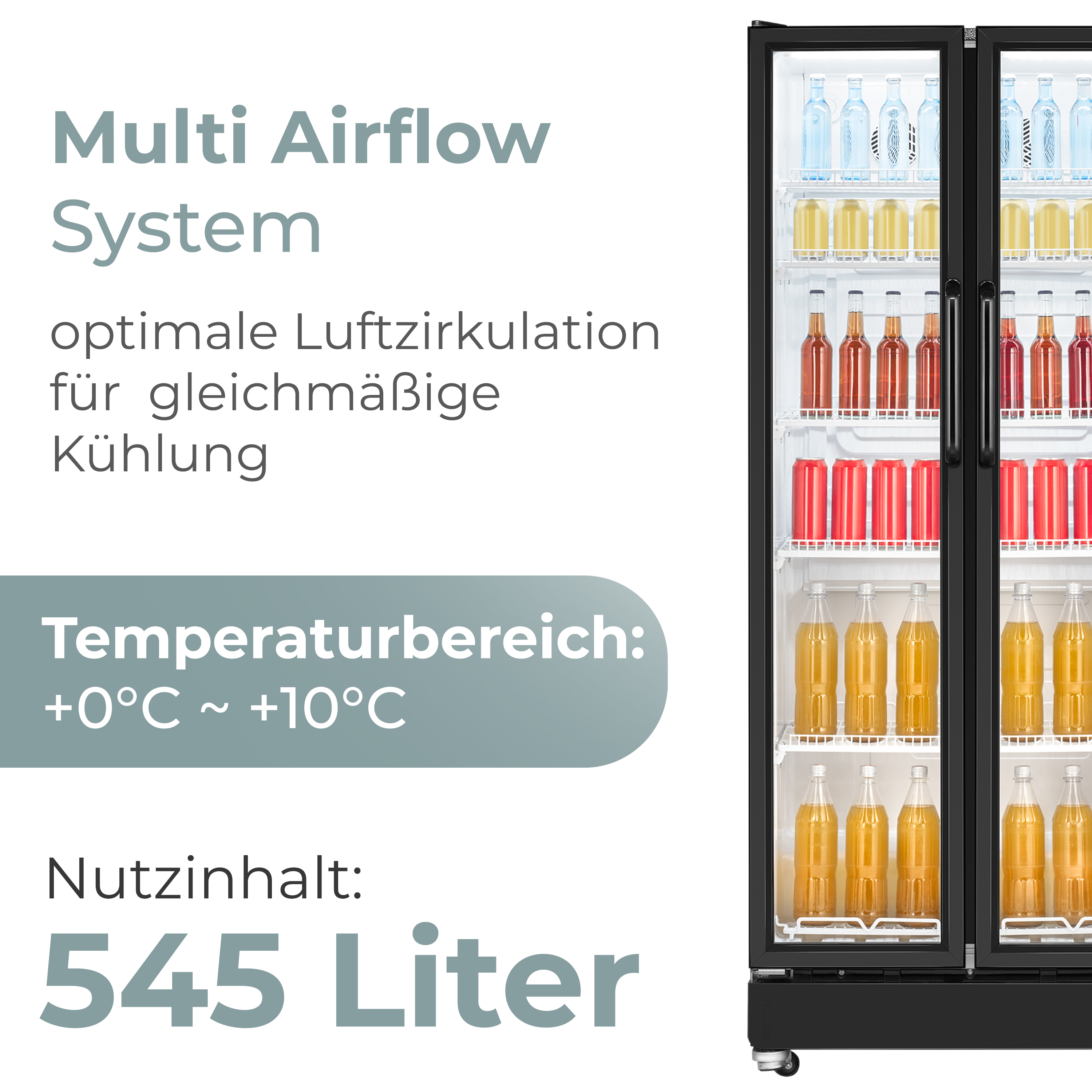 Werbebild für einen 545-Liter-Gewerbekühlschrank mit Glastüren, Multi-Airflow-System und Getränken.