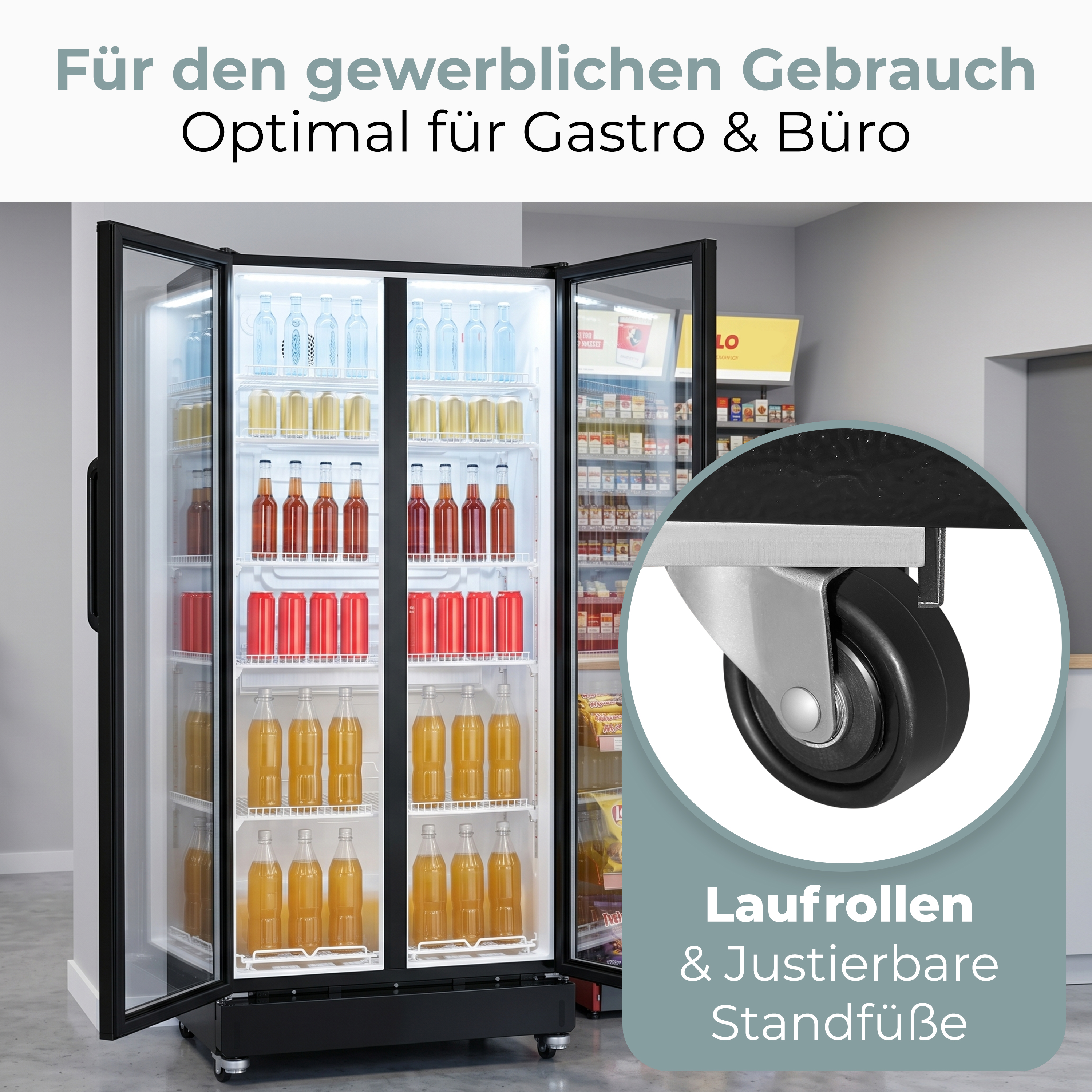 Werbebild für einen gewerblichen Doppeltür-Getränkekühlschrank mit Glasüren, gut gefüllt und mit Zoom auf die Laufrollen.