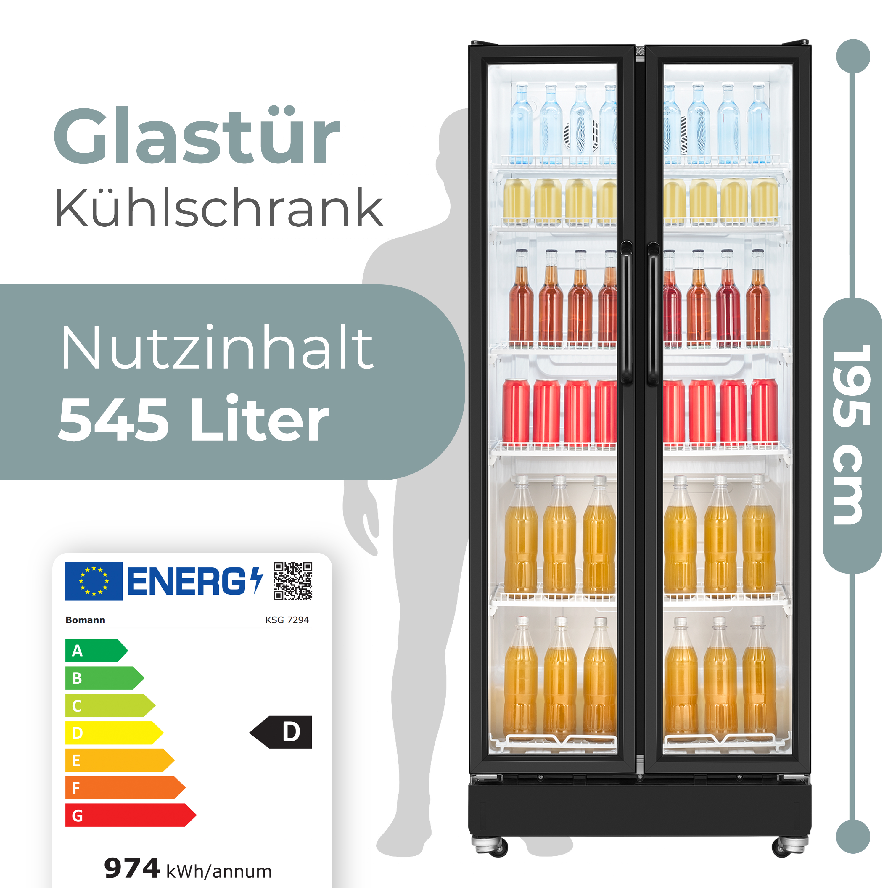 Glasdür-Kúhrschrank mit 545L Volumen, 195cm Höhe und Energieklasse D.