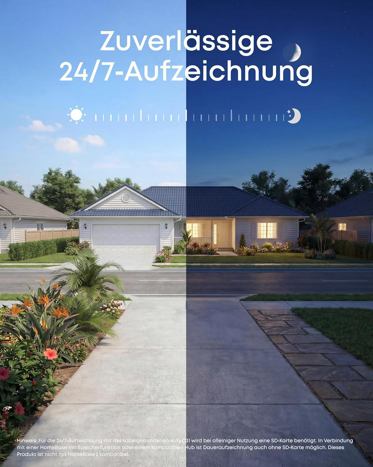 Ein Haus geteilt in Tag mit heller Sonne und Nacht mit erleuchteten Fenstern, zeigt 24/7-Sicherheitsüberwachung.