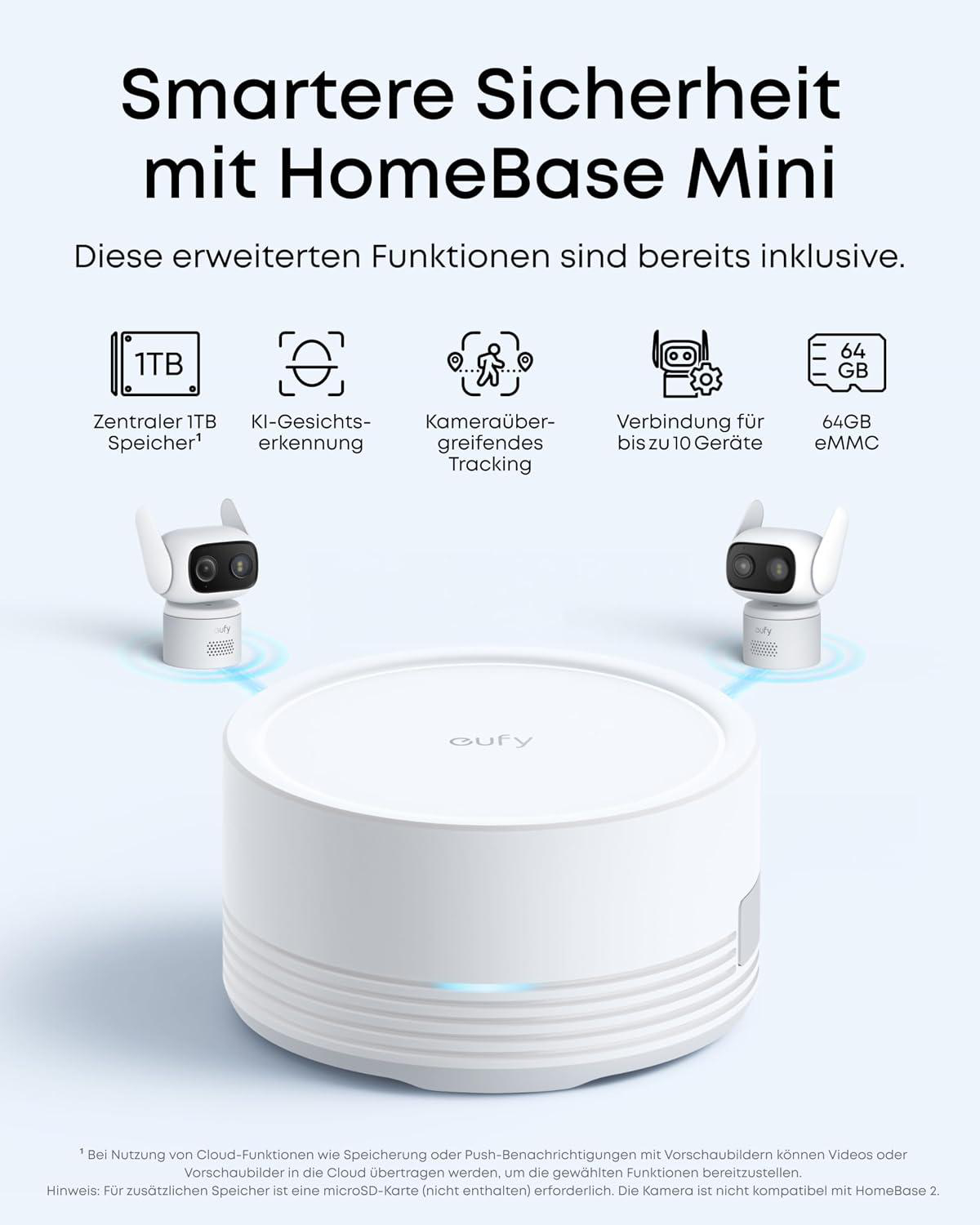 HeimSicherheitssystem mit HomeBase Mini, zwei Kameras und fünf Feature-Symbolen oben.