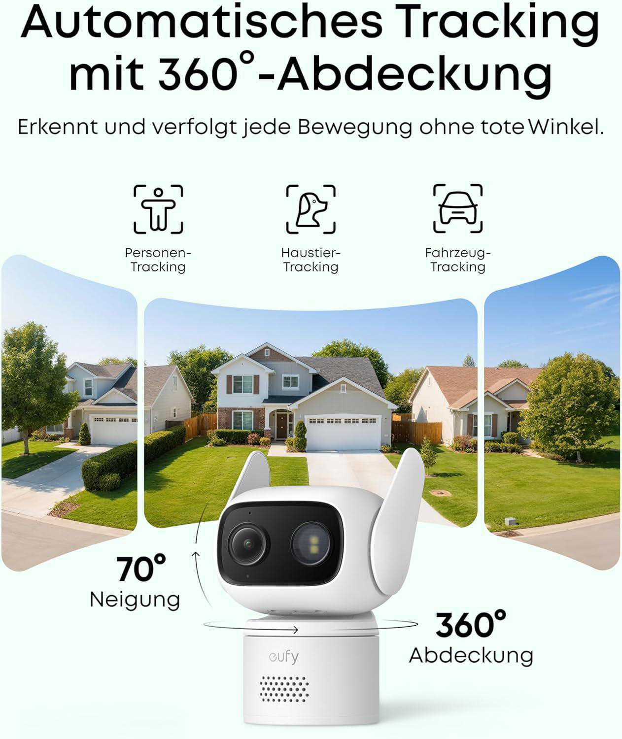 Weiße Überwachungskamera mit 360-Grad-Abdeckung zeigt eine Nachbarschaft.