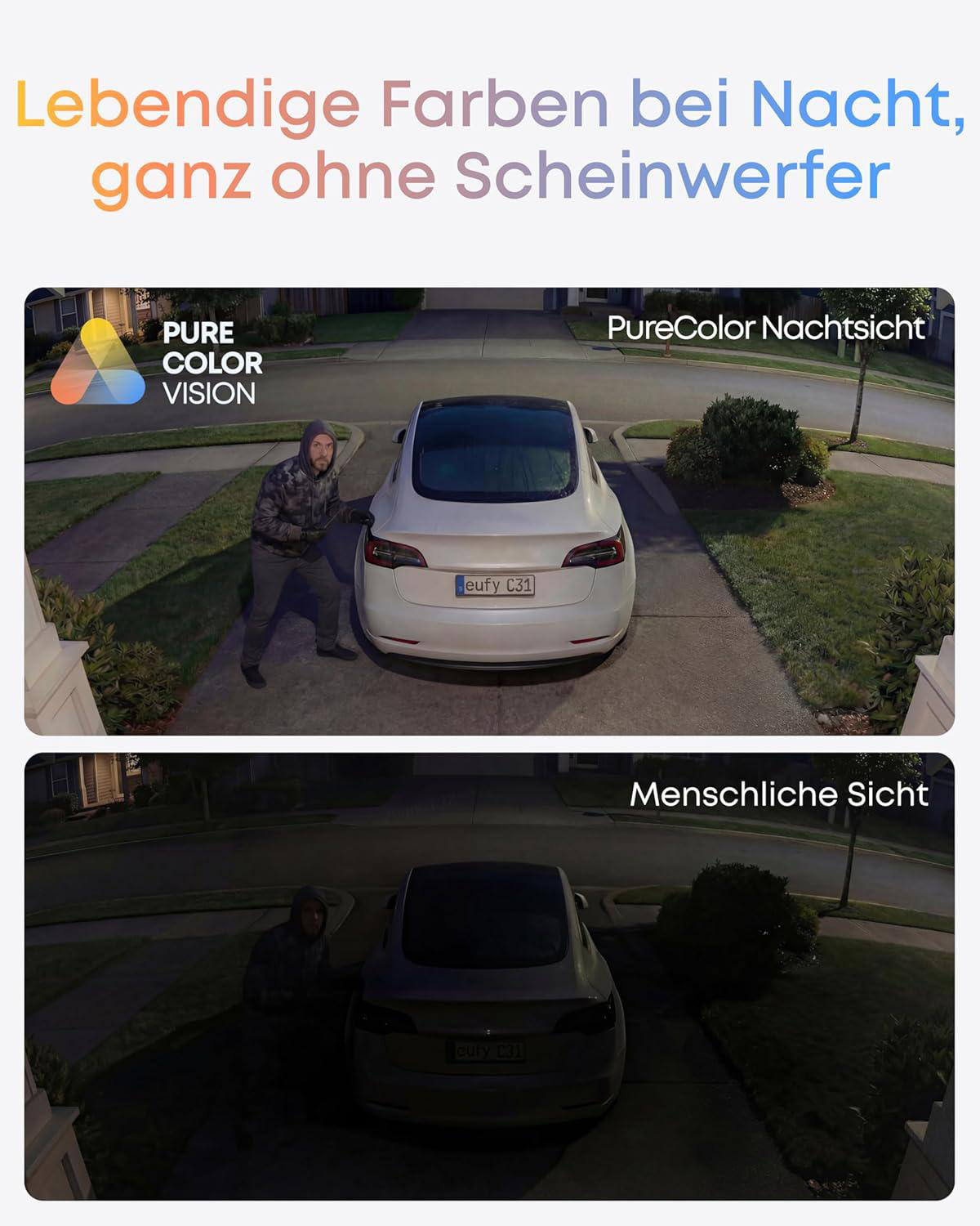 Vergleich zweier Nachtaufnahmen: Eine farbige PureColor-Aufnahme und ein dunkles Bild mit menschlicher Sicht.