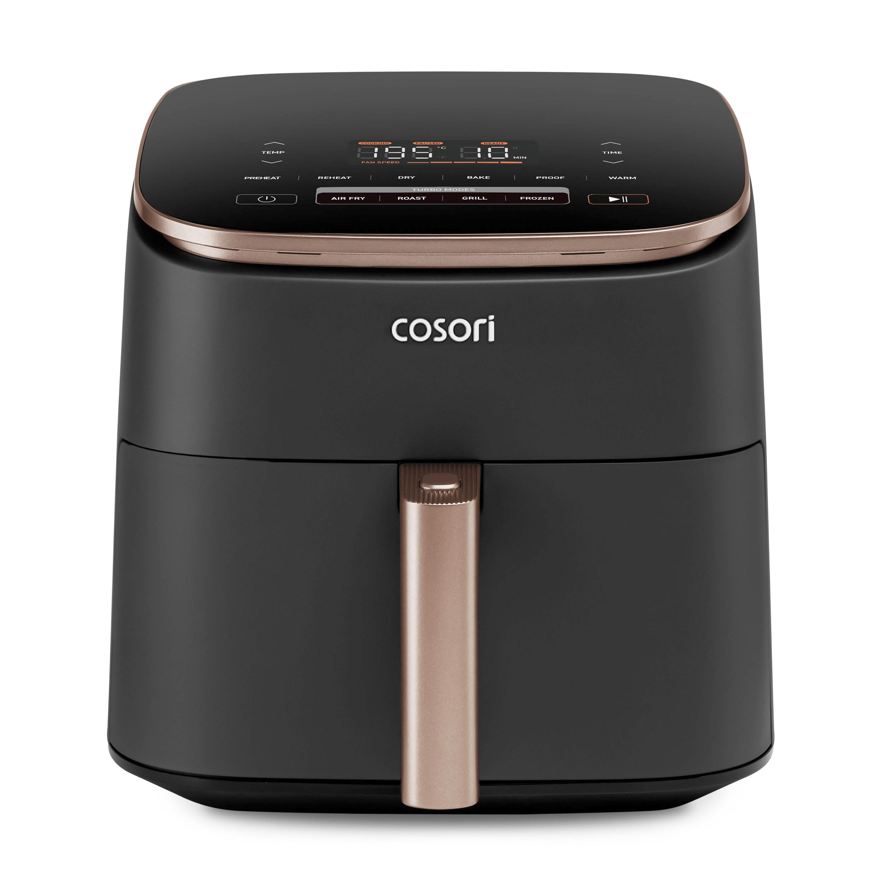 Schwarze Cosori Heissluftfritteuse mit Roségoldakzenten und digitalem Touchpanel.