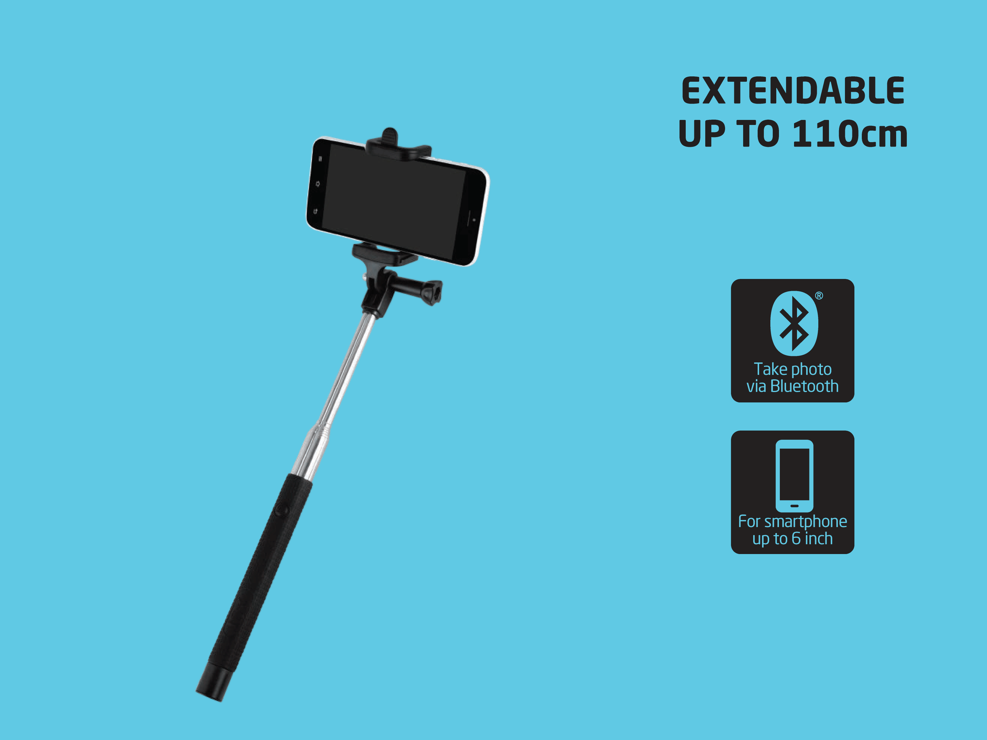 Ein erweiterbarer Selfie-Stick mit Smartphone-Halterung und Bluetooth-Symbol auf blauem Hintergrund.