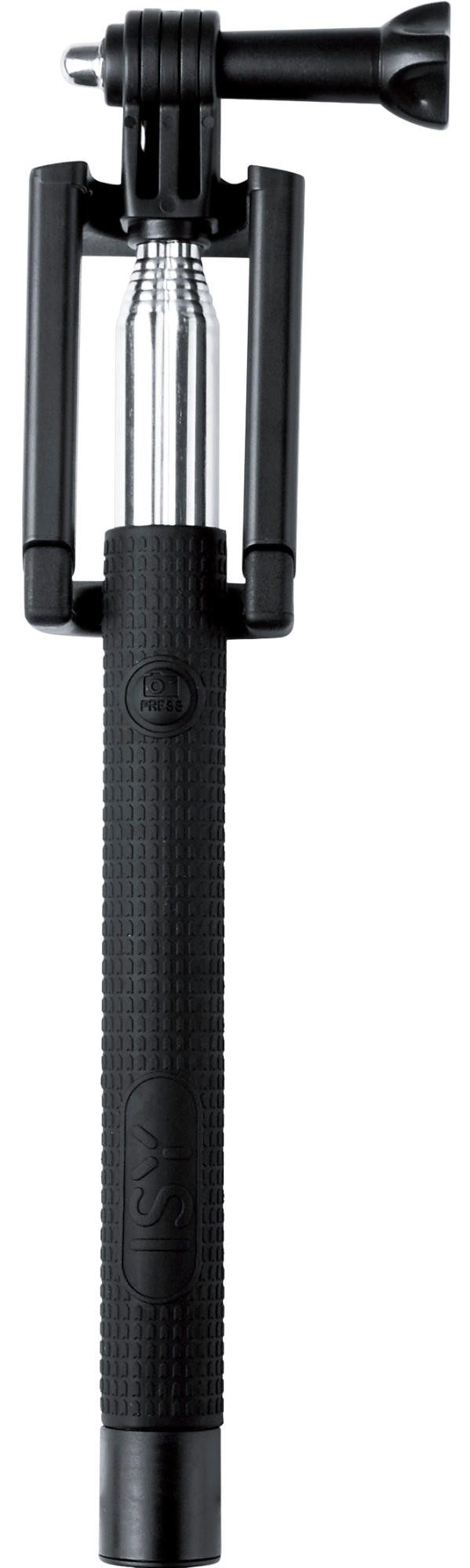 Schwarzer Selfie-Stick mit integrierter Halterung und ausziehbarem Metallarm auf weißem Hintergrund.